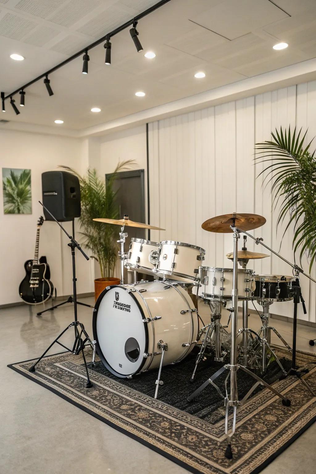 Make your drum kit the center of attention by positioning it as the room's focal point.