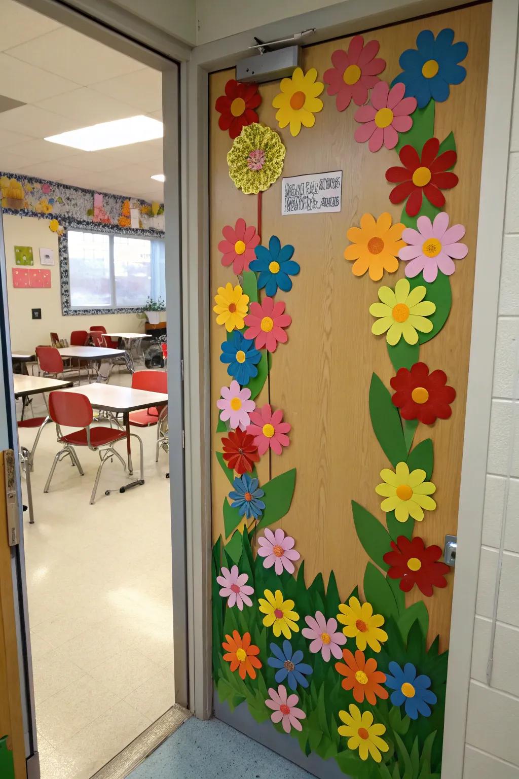 A classroom entrance beautifully decorated with lively paper flowers, bringing the essence of spring indoors.