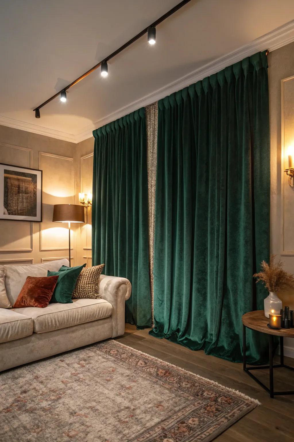 Deep green velvet curtains add a touch of luxury to a cozy space.