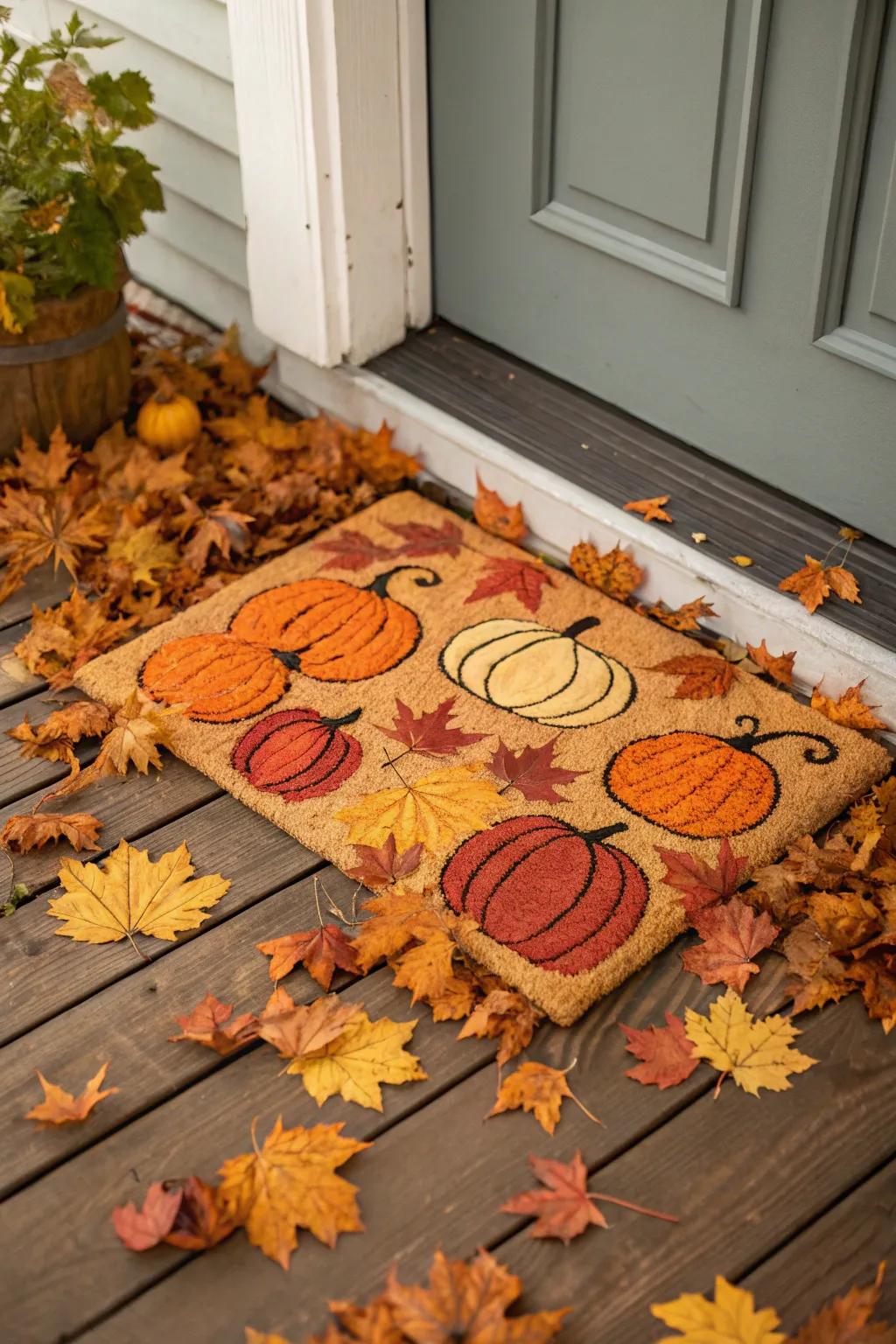 Pumpkin-themed doormat surrounded by fall foliage.