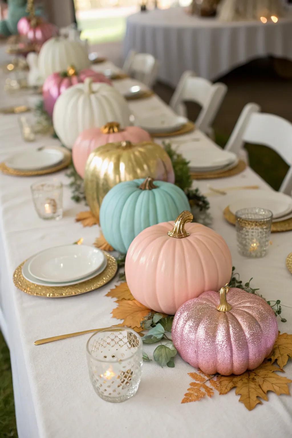 Stylish pumpkins painted in metallic and pastel colors, perfect for a distinctive autumn wedding.