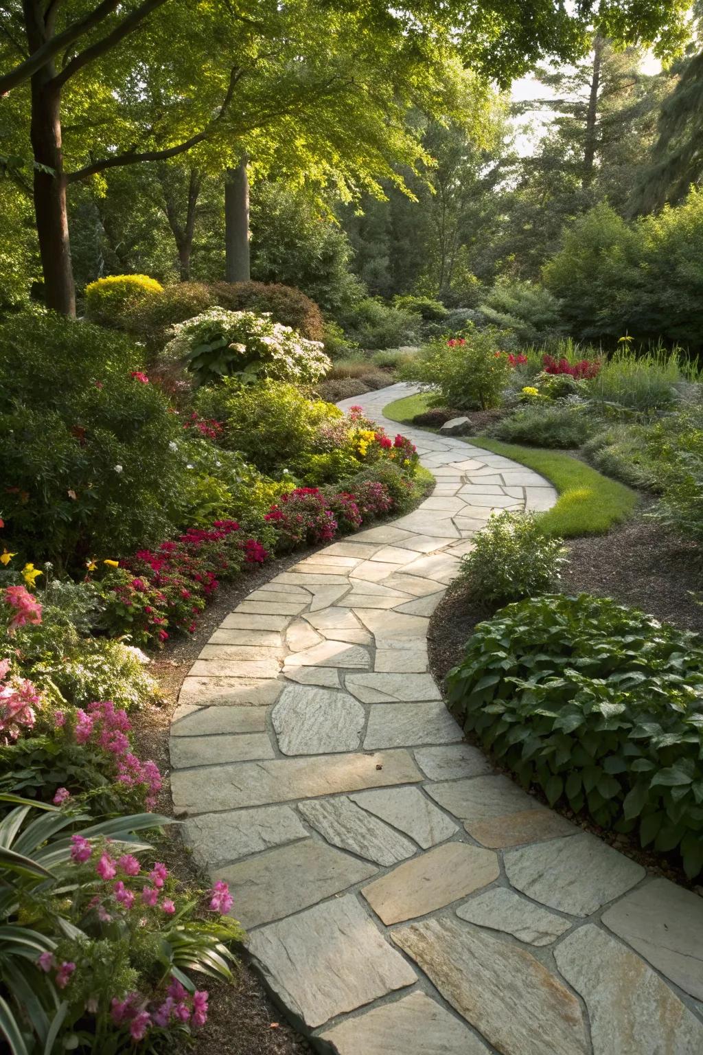 A beautifully curved flagstone path guiding through serene garden scenery.