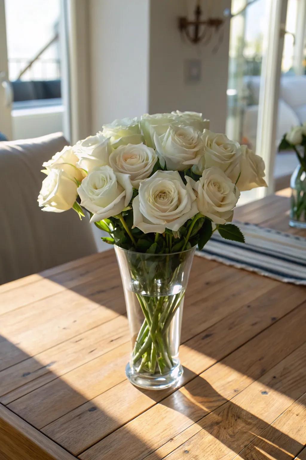 Elegant white roses displayed as a dining table centerpiece.