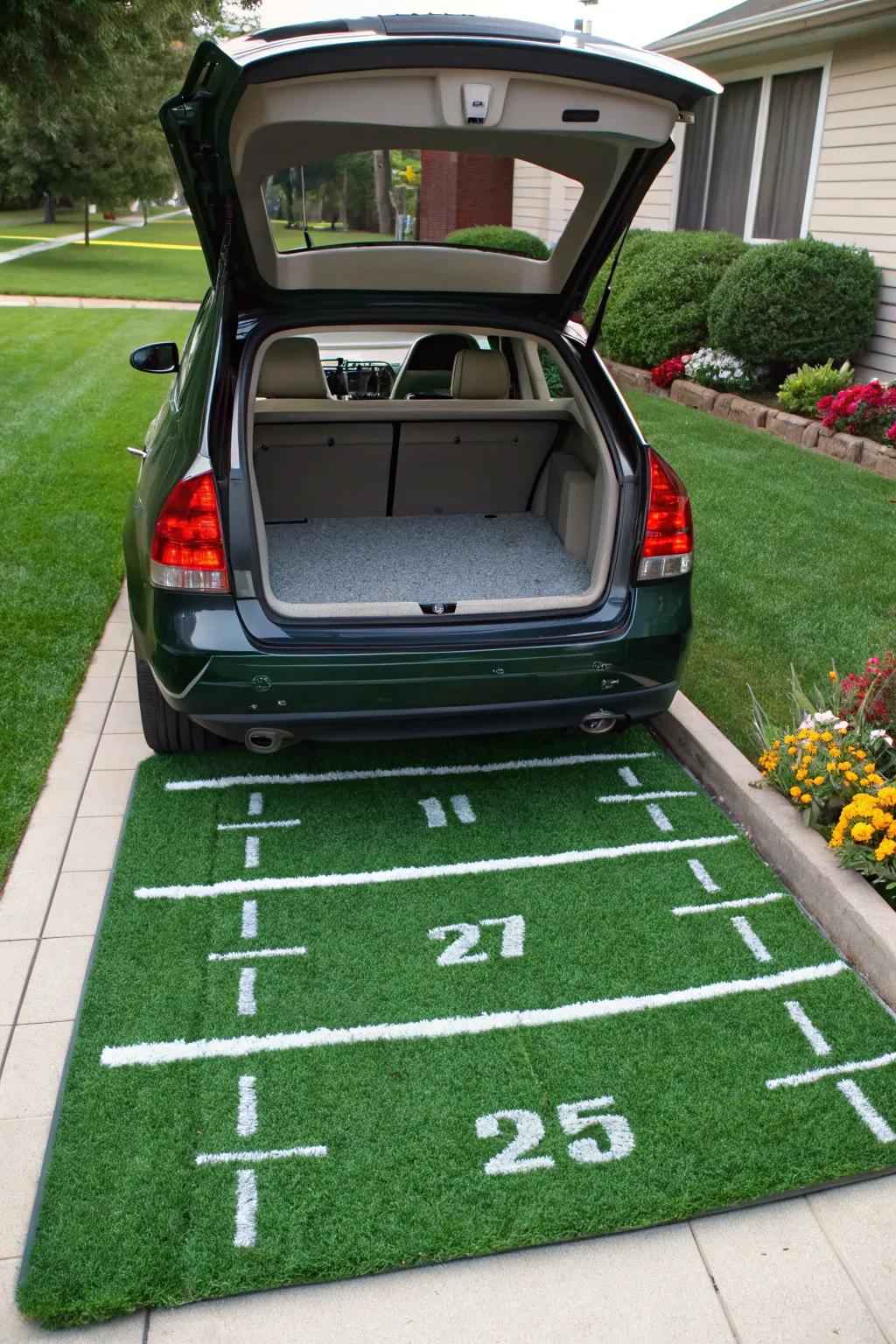Turn your trunk into a little football field using green turf and white lines to mark the yardage.