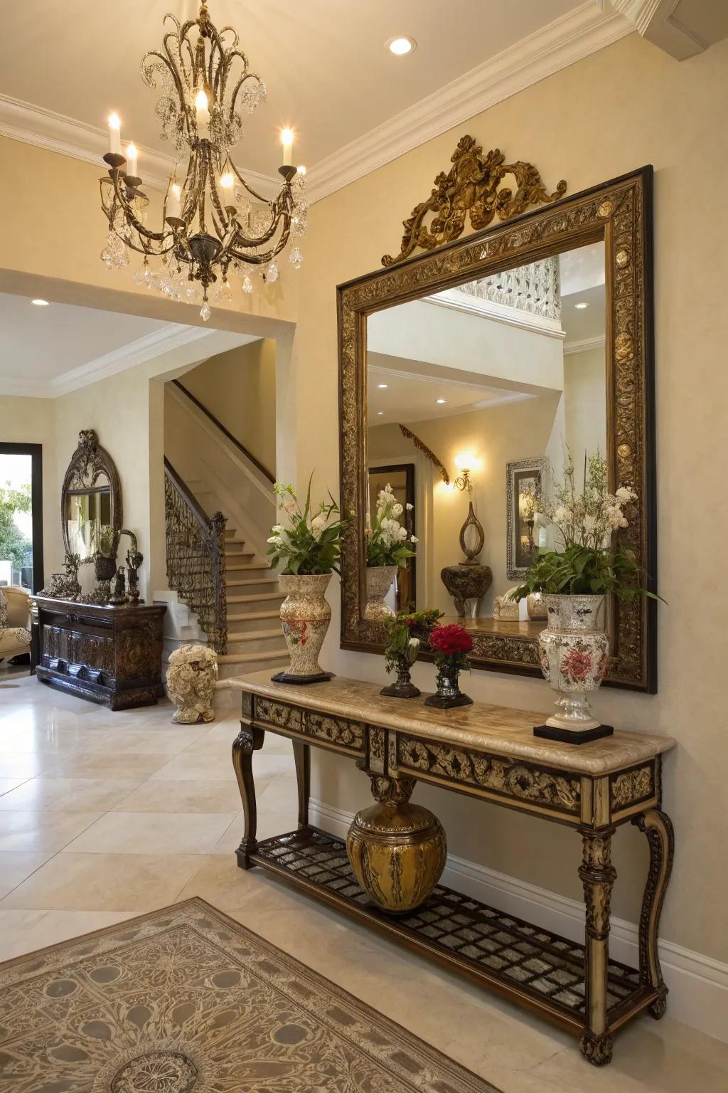 An entryway enhanced with a grand mirror, maximizing light and space.