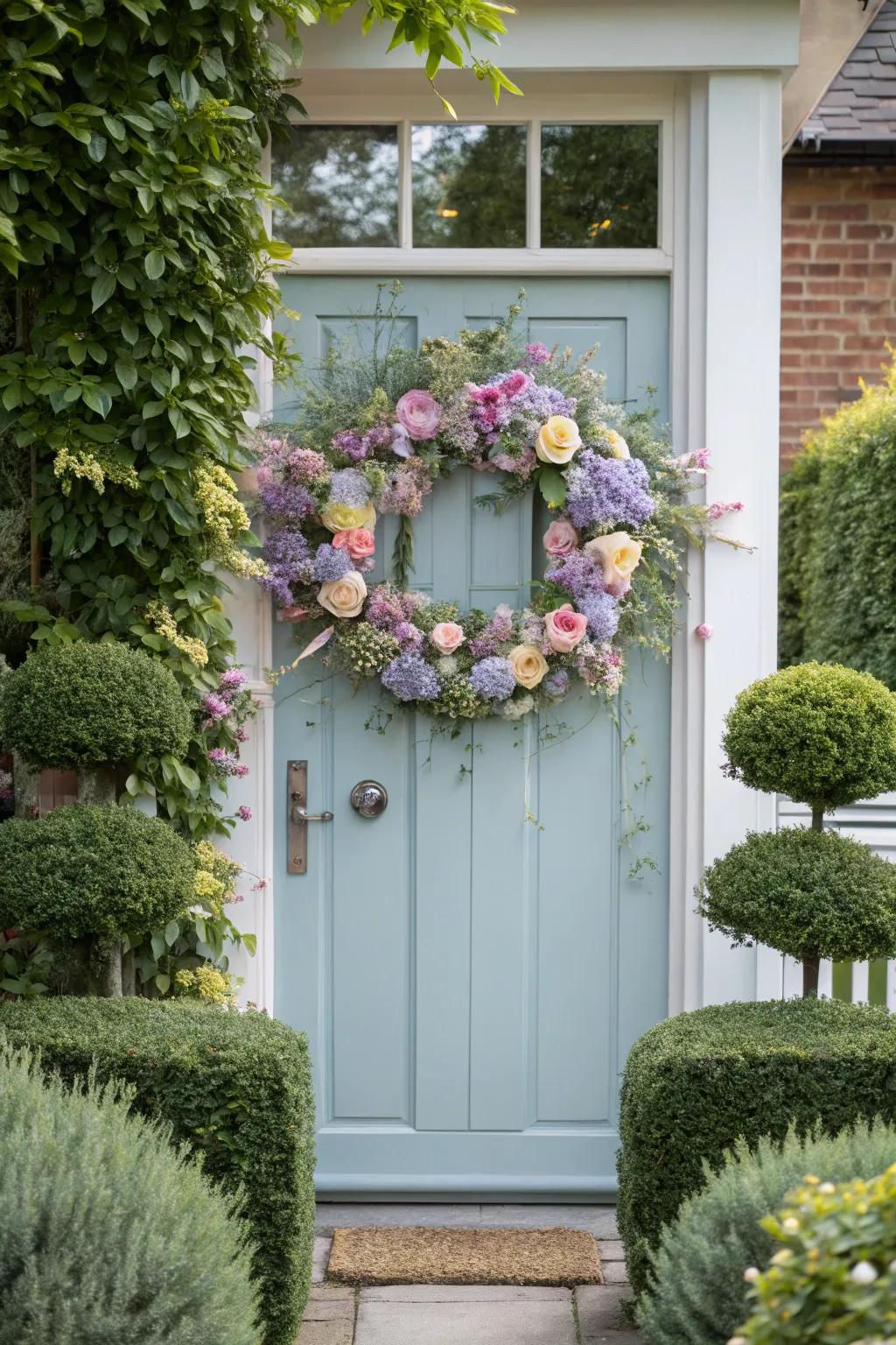 A floral wreath on the front door offers a timeless and romantic welcome.