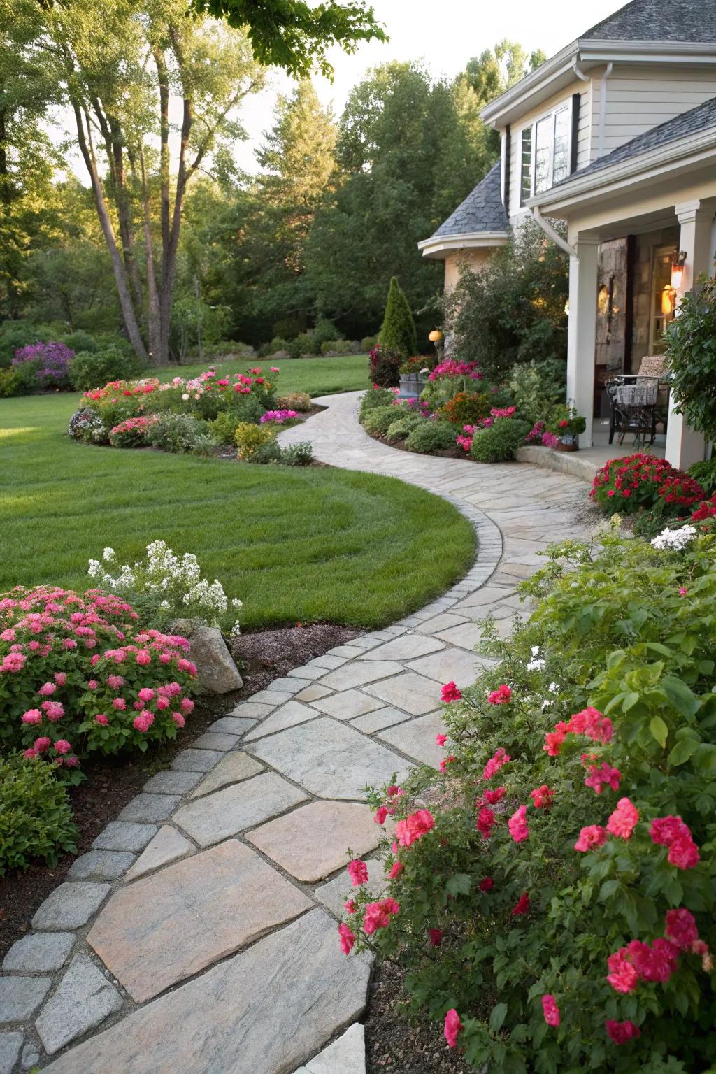 A lovely stone path winds gracefully through a flourishing front yard garden.