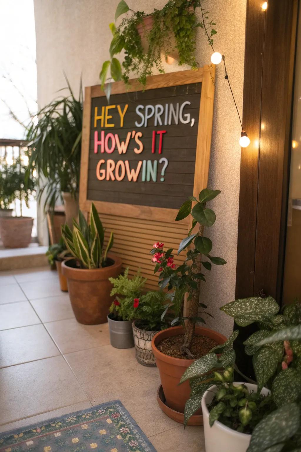 Greet your guests with a humorous nod to spring's growth.