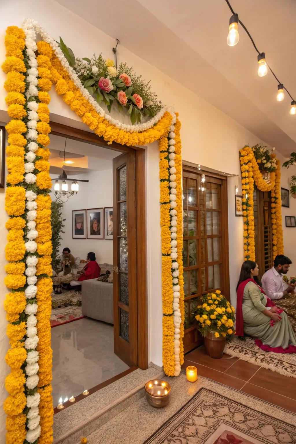 A home adorned with marigold and jasmine garlands, enhancing the festive spirit of Ganesh Chaturthi.