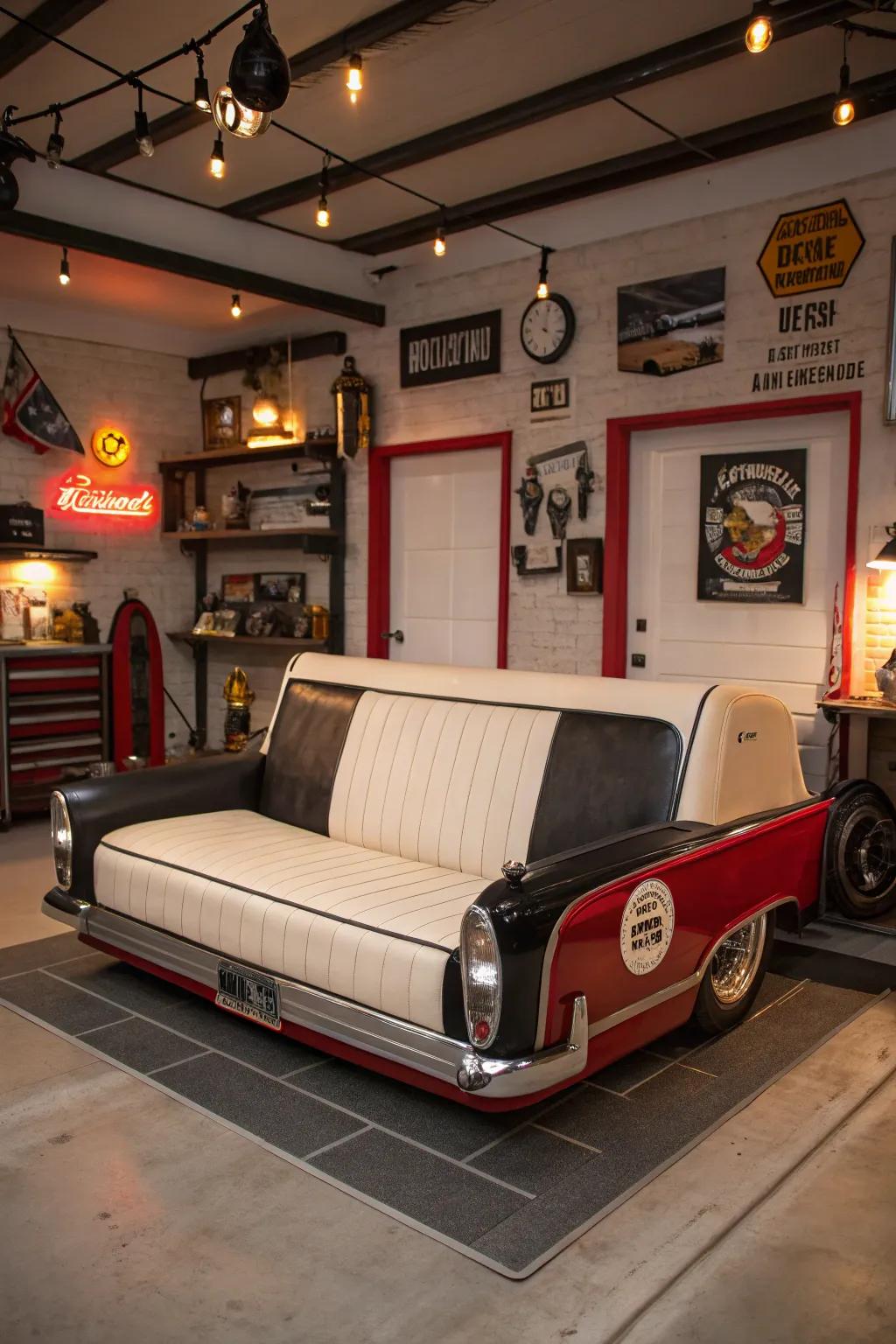 Bring the charm of the past to your garage with a vintage car seat couch.