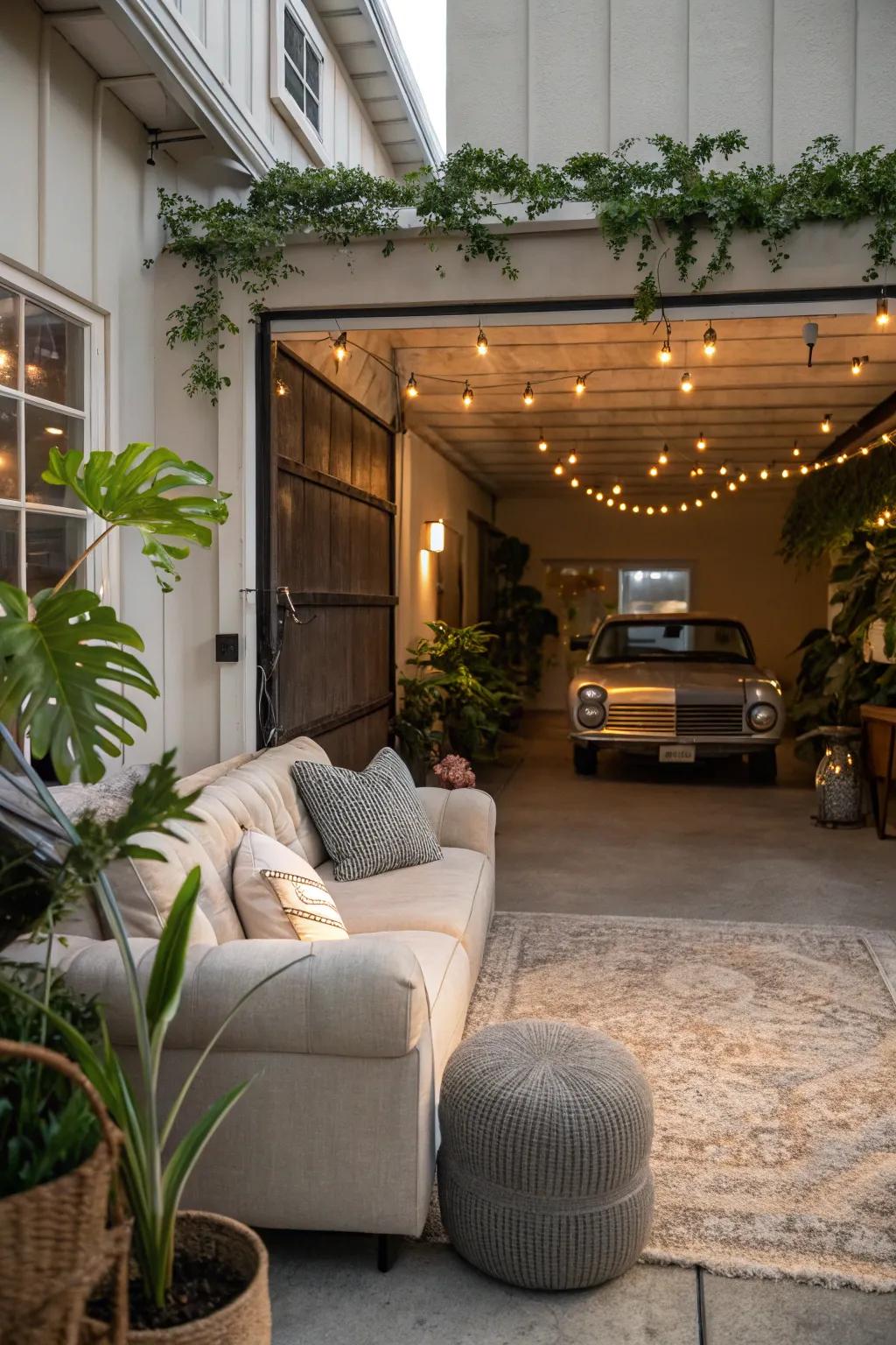 A garage revamped into a warm and welcoming living area.