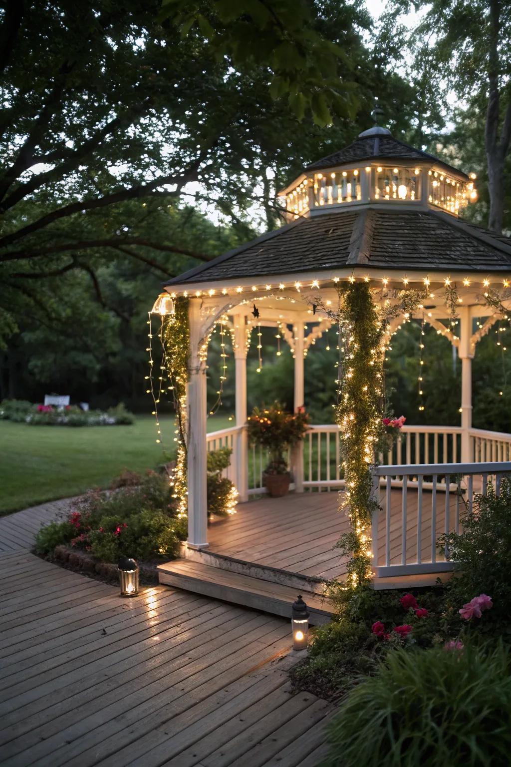 Starry strands creating a magical atmosphere around a gazebo.