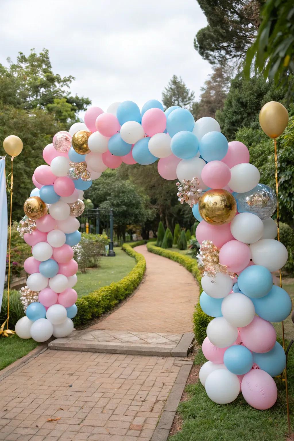 A lively balloon arch establishing the ambiance for a gender reveal celebration.