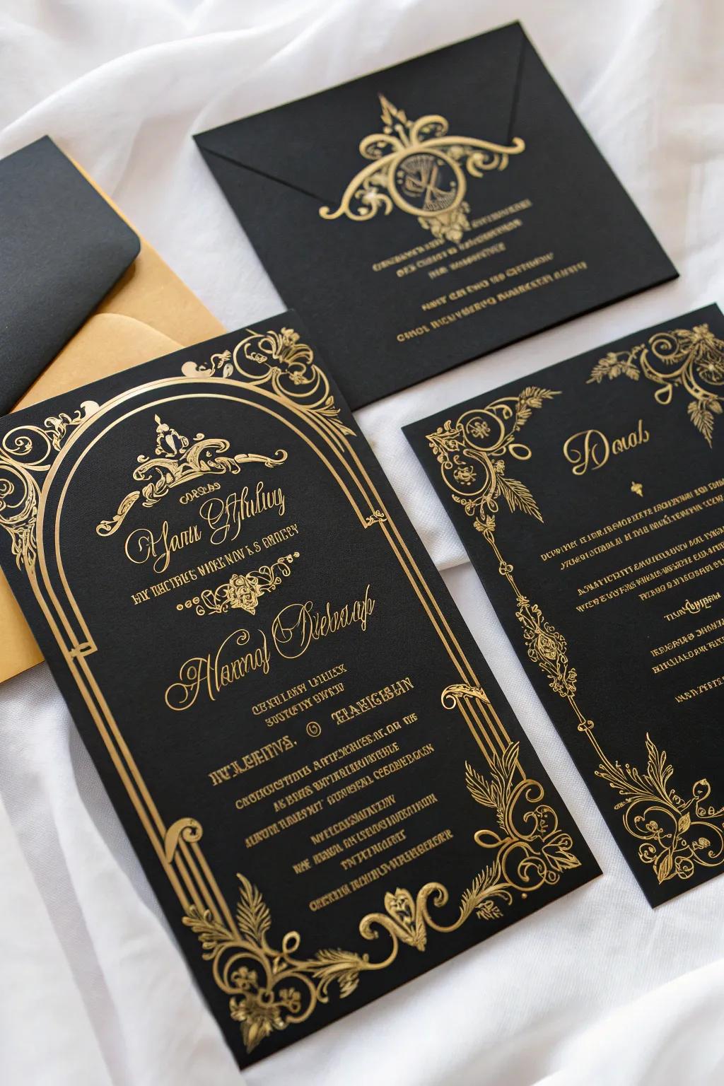 Elegant gothic wedding invitations with black and gold foil designs.