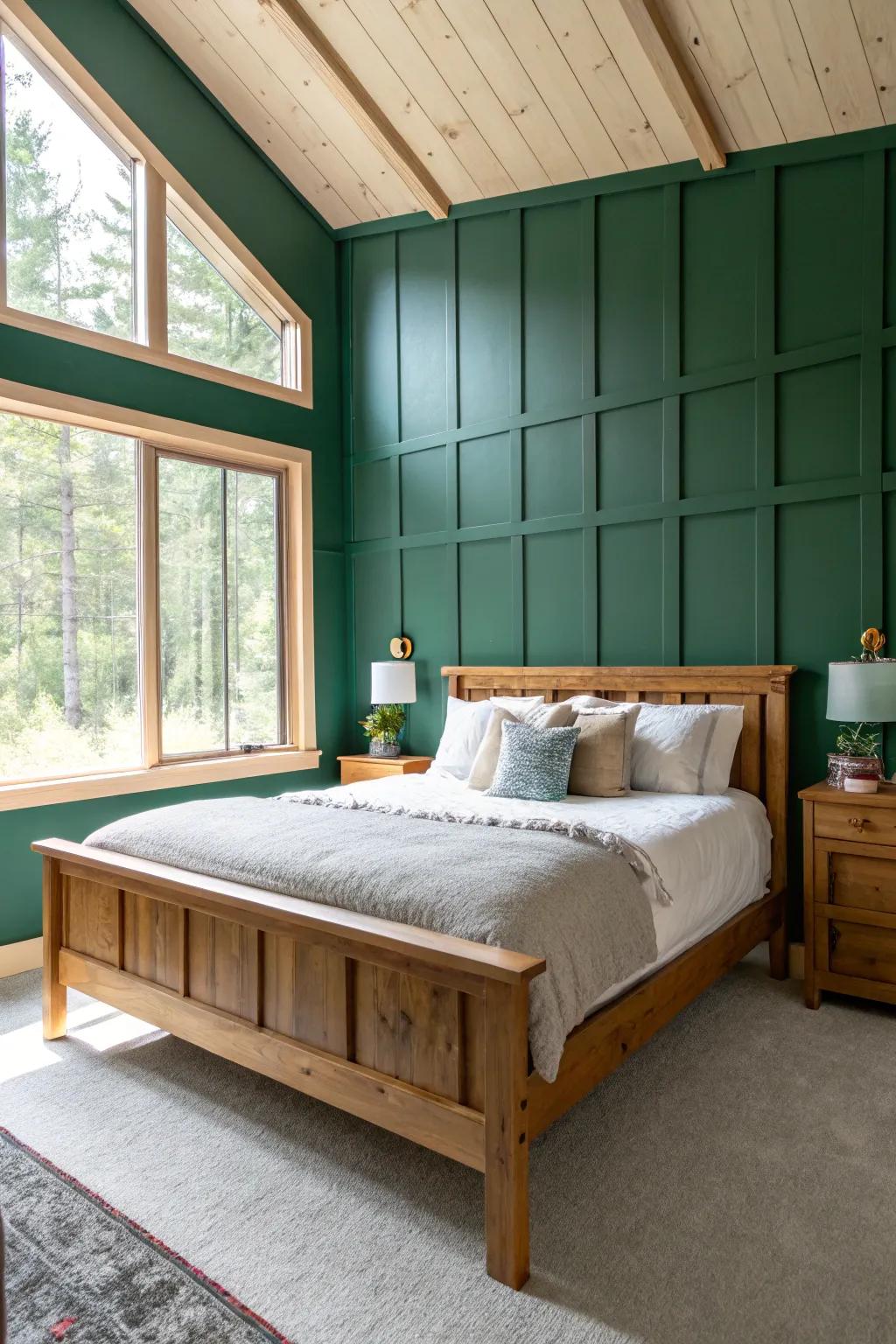 A statement-making deep green wall offers a dramatic and calming backdrop for this tranquil bedroom.