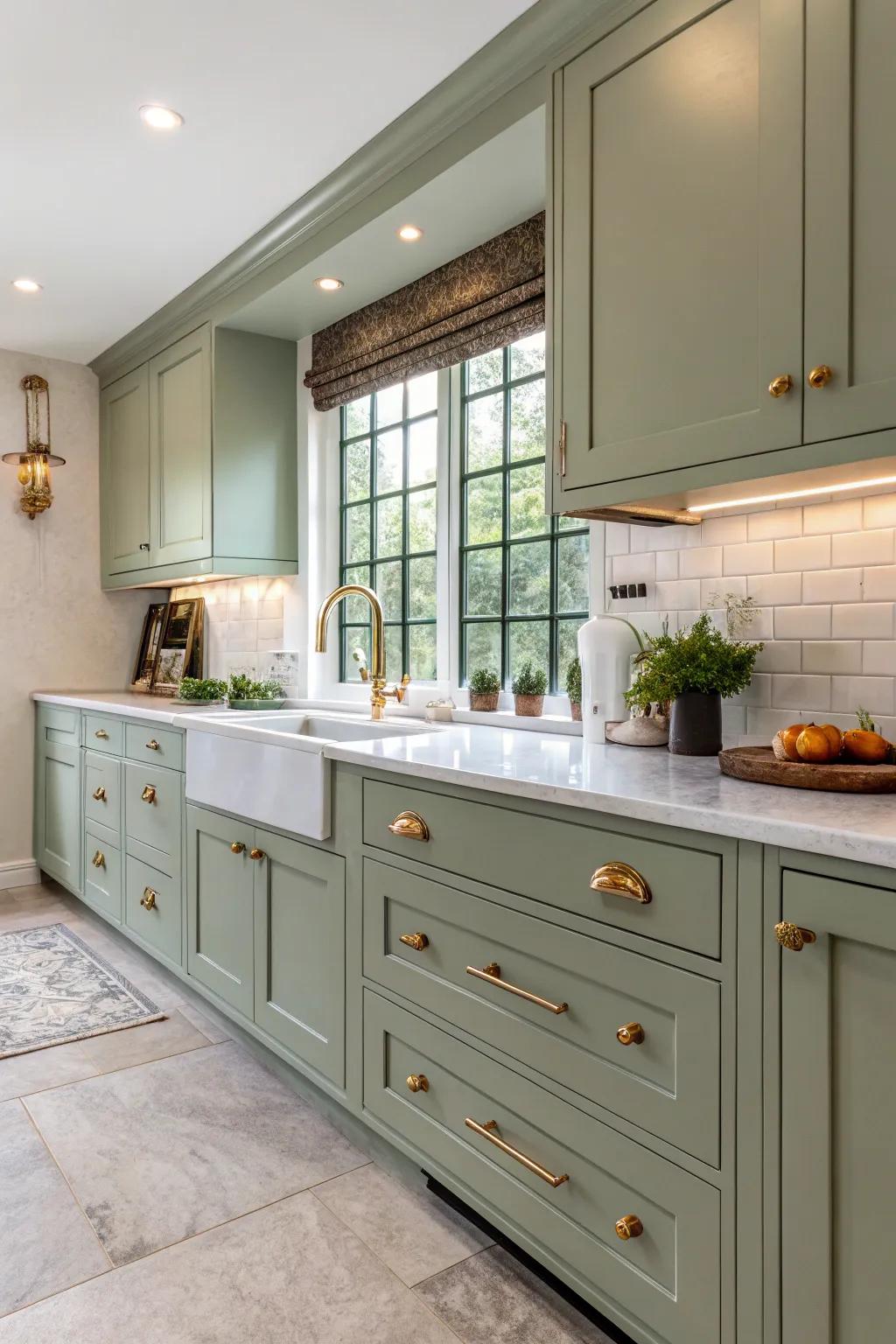 Elegant sage green cabinets paired with brass hardware for a tranquil kitchen.