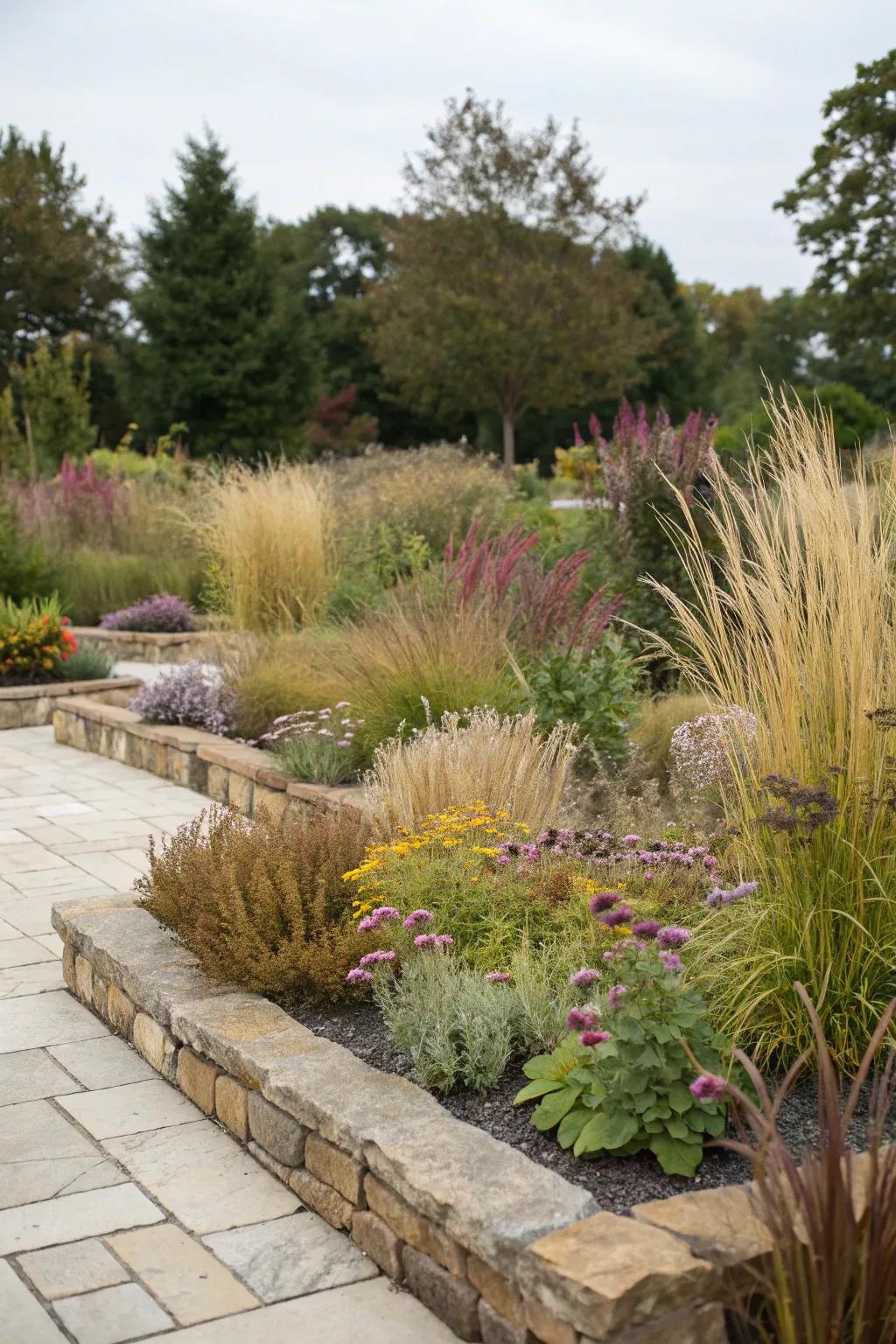 A lively garden showcases a wide array of native plants coexisting beautifully.