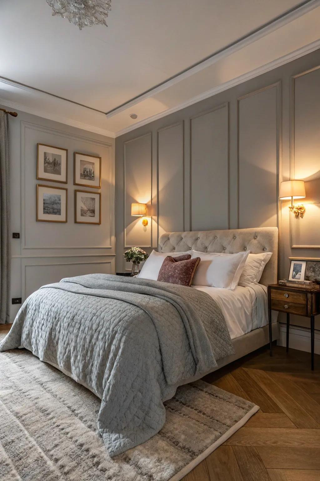 A welcoming bedroom showcasing a subtle grey feature wall.