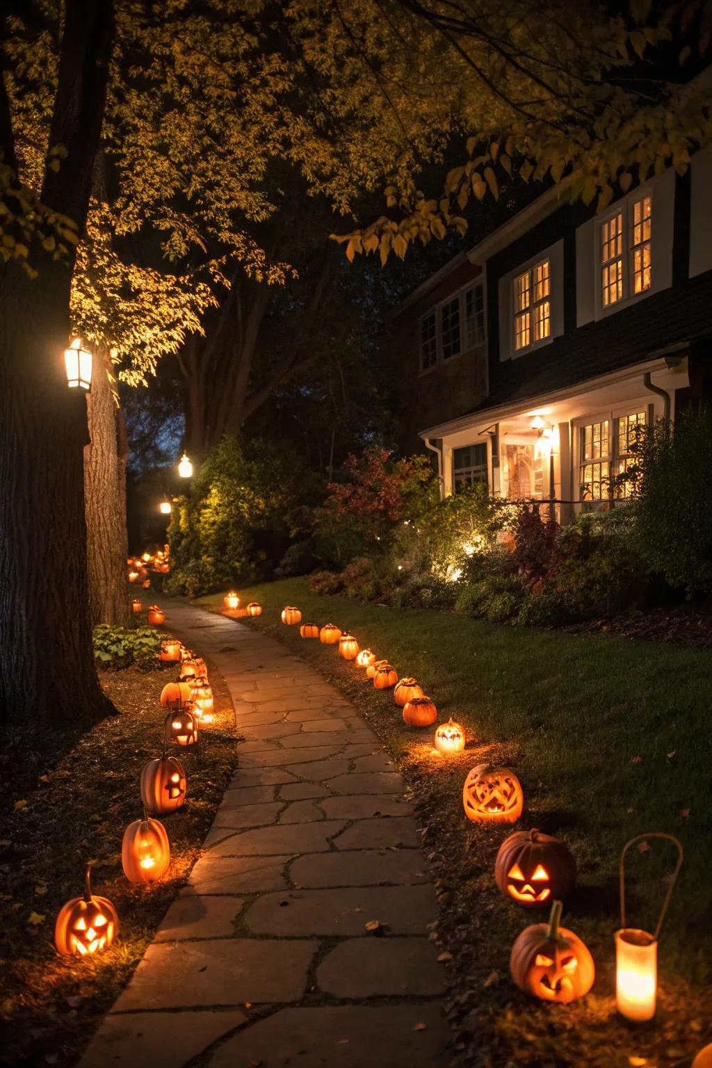 Guide your guests with an enchanting pumpkin-lit path.