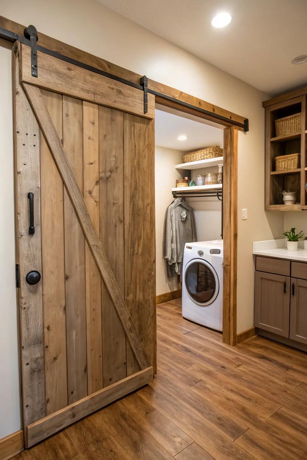 A rustic sliding barn door adds character and functionality to a hallway laundry room.