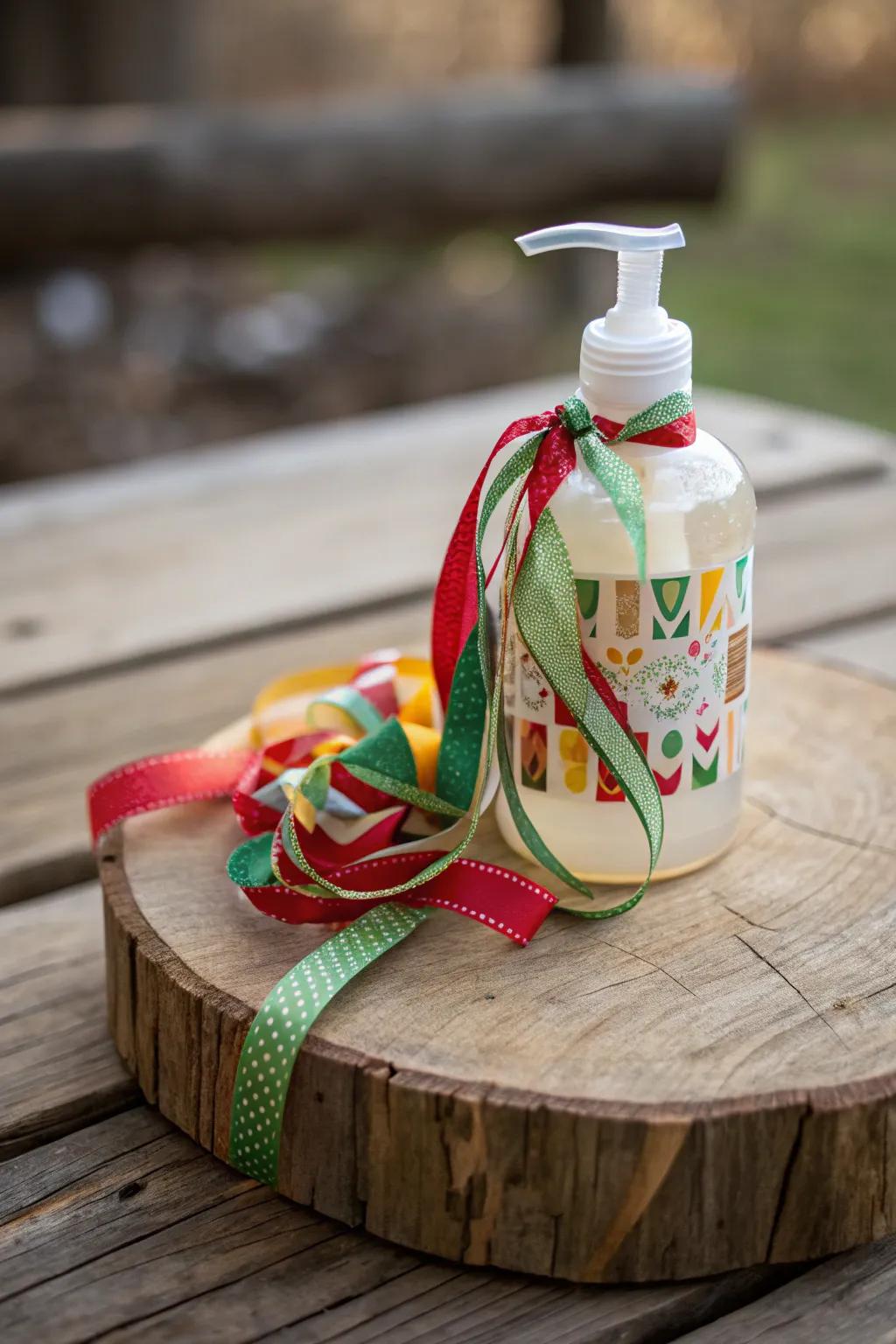 <strong>Hand cleanser</strong> wrapped in vivid ribbons for a cheery touch.” loading=”lazy” class=”pimg”>
	</picture><figcaption><strong>Hand cleanser</strong> wrapped in vivid ribbons for a cheery touch.</figcaption></figure>
<p>One of my go-to methods to present <strong>hand cleanser</strong> is by merely embellishing it with a cheery ribbon. Pick ribbons with varied structures and shades to give your present an eclectic and fashionable appearance.</p>
<h3>Possibly helpful picks:</h3>
<ul class=