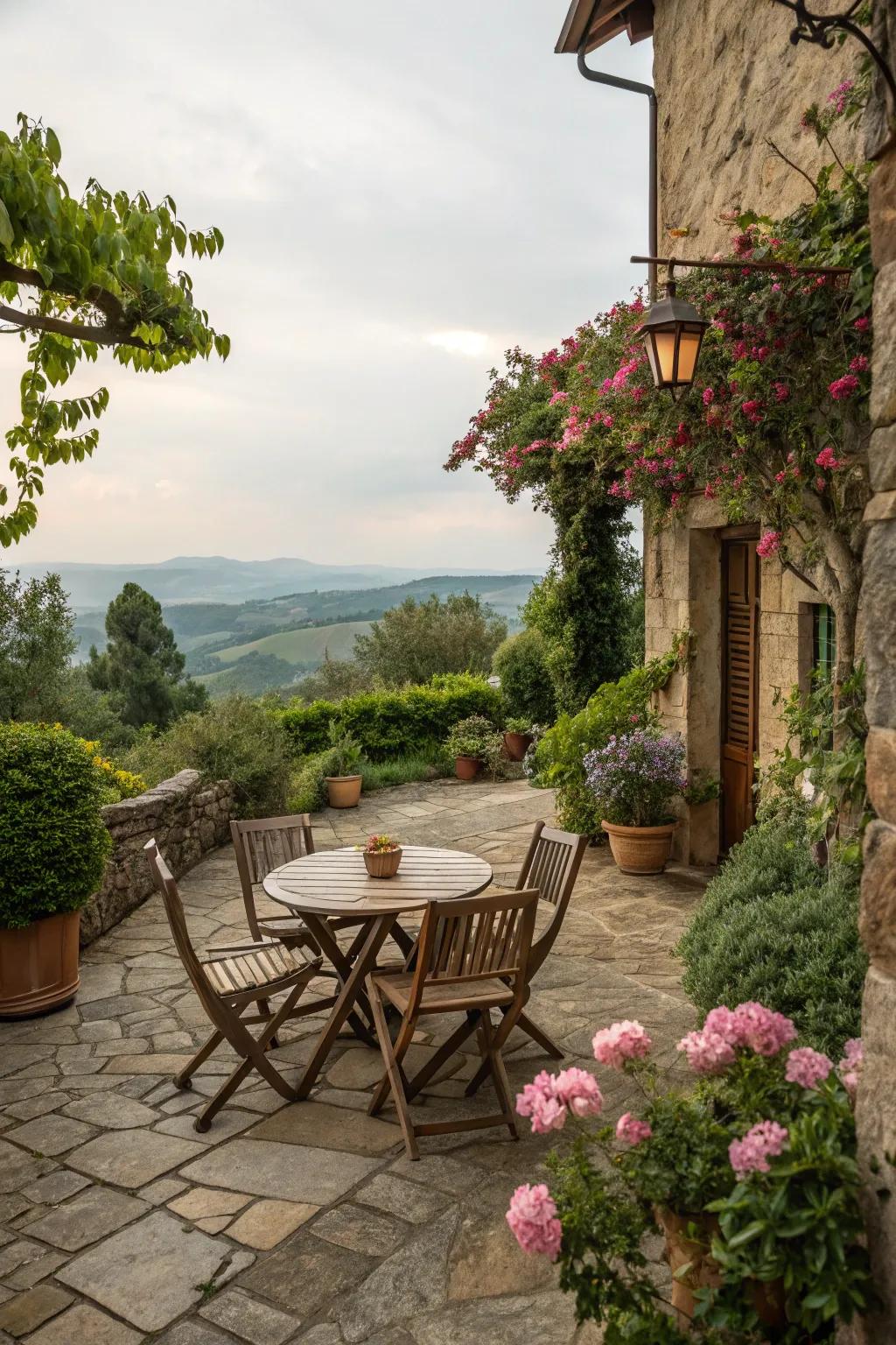 An inviting stone patio creates the perfect space for relaxation.