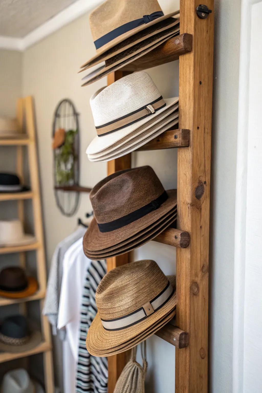 Vertical wooden racks offer a rustic and organized way to display your hats.