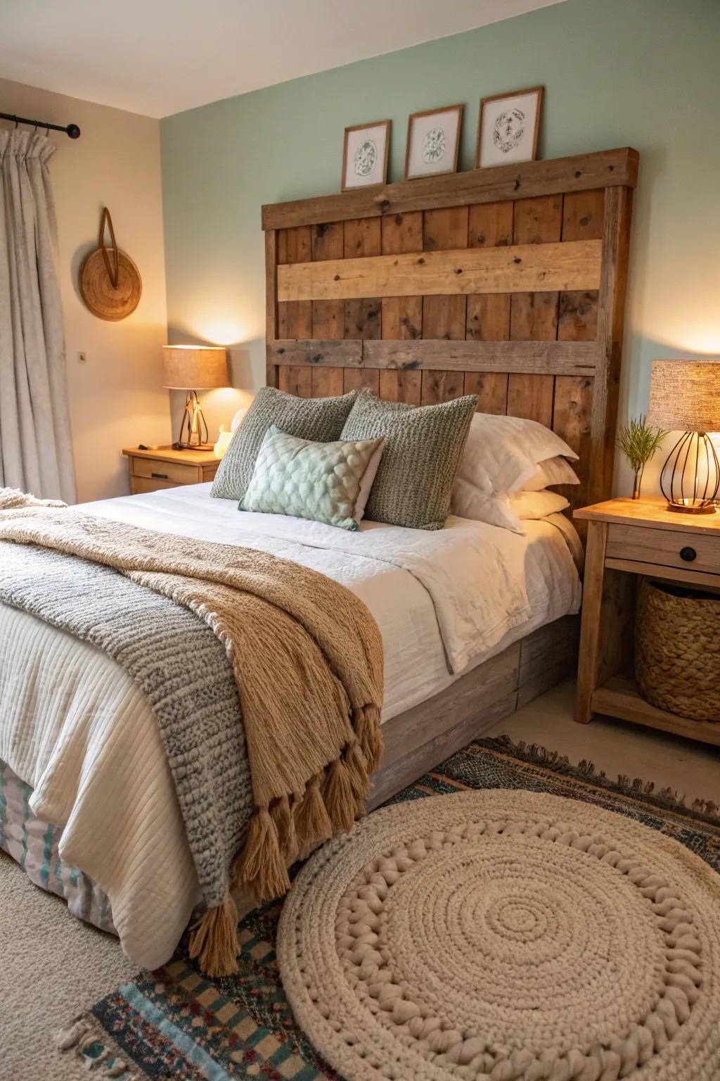 Rustic wood headboards contribute both warmth and character.