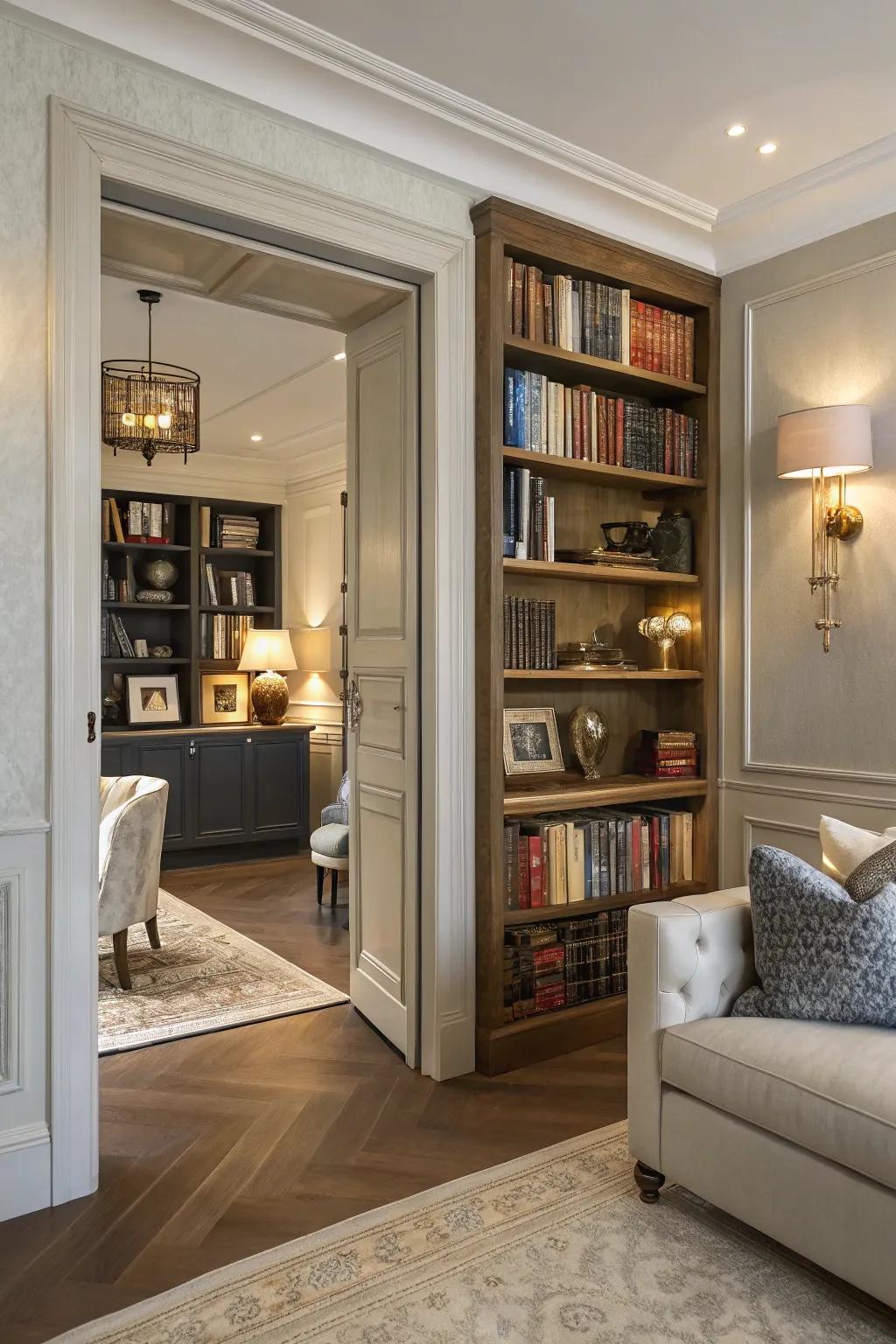 A stylish living room with a hidden door disguised as a bookshelf.