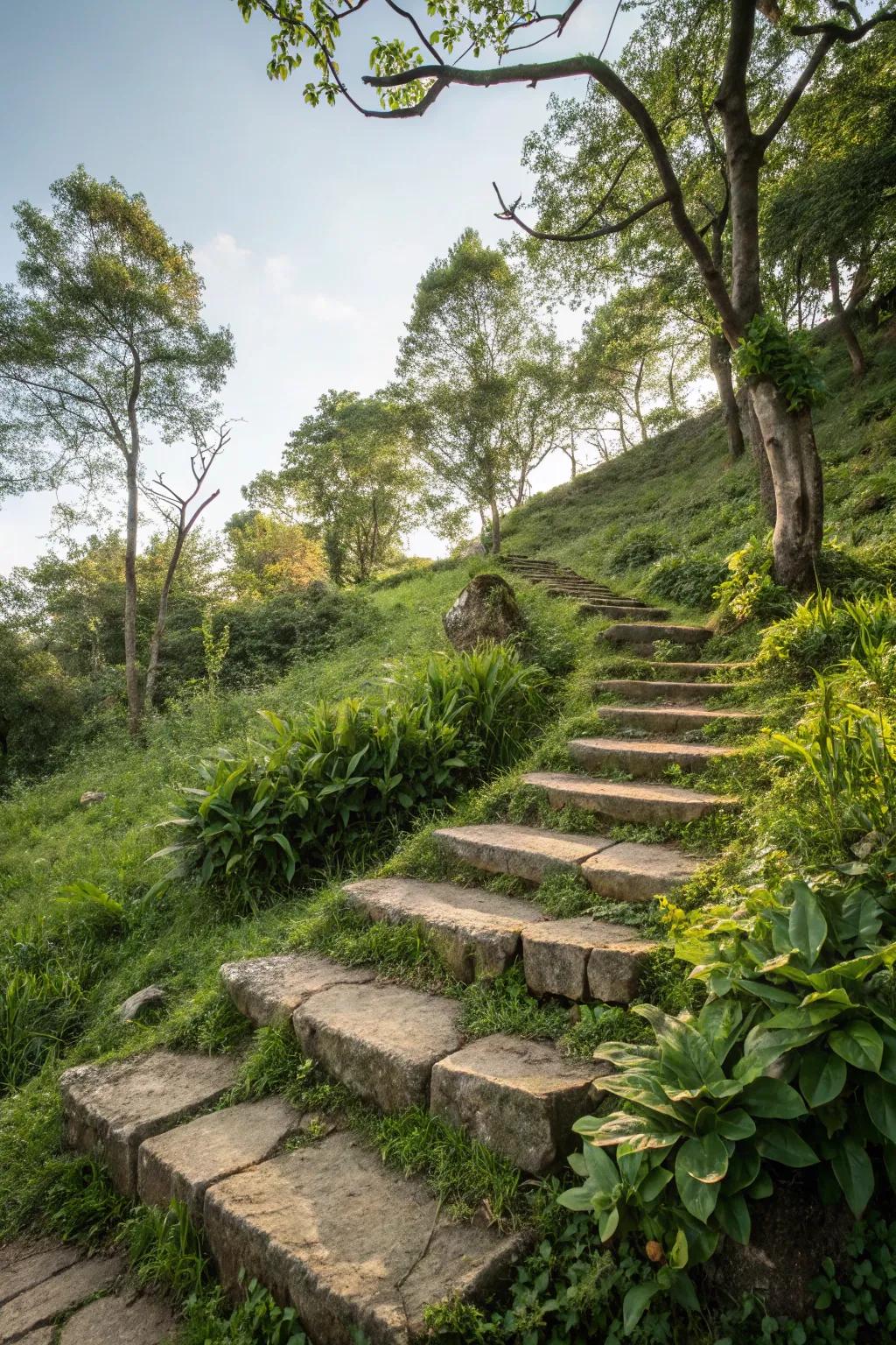 Natural stone slabs offer elegance and durability for hillside steps.