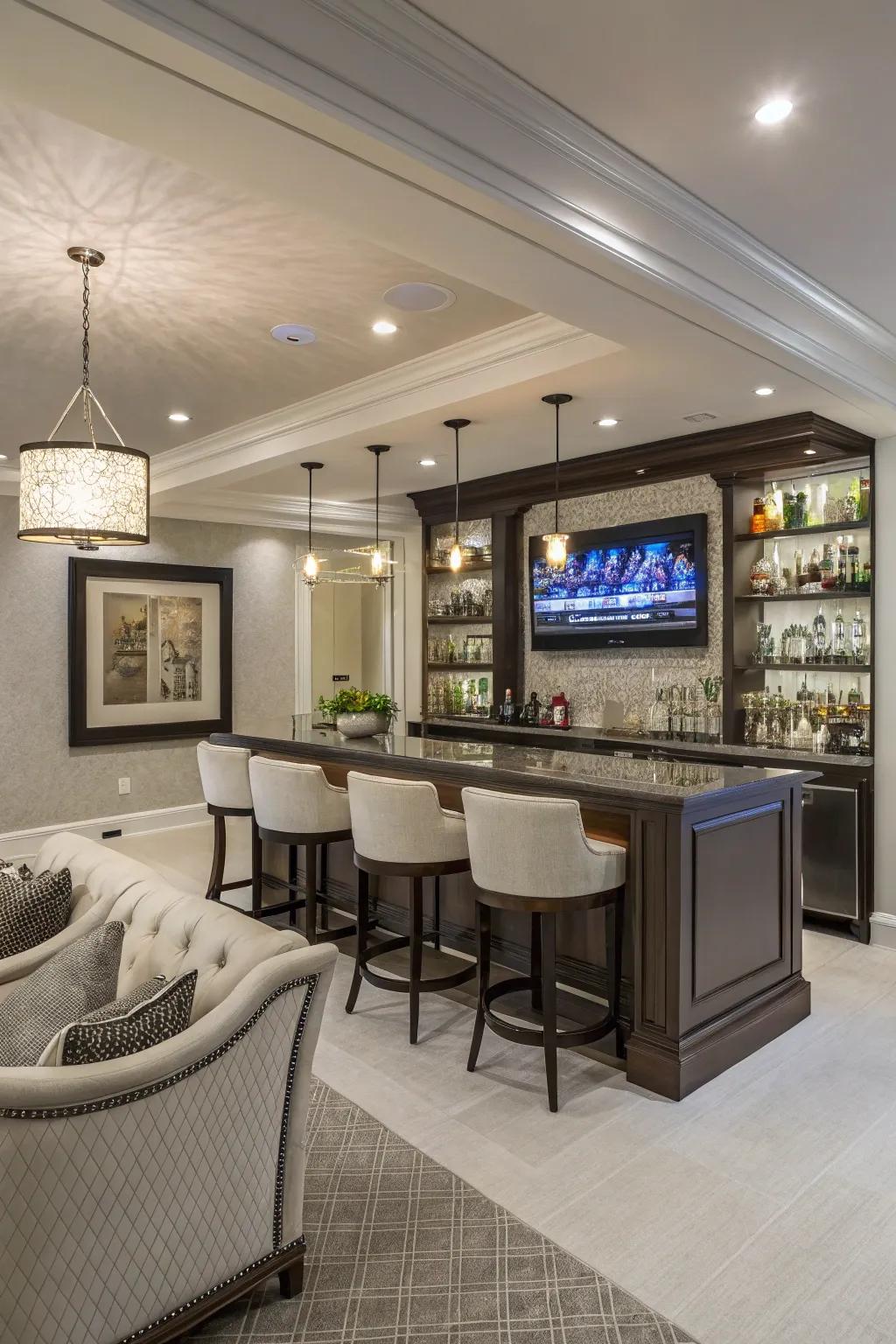 Having the TV up above the bar gives everyone a perfect view.