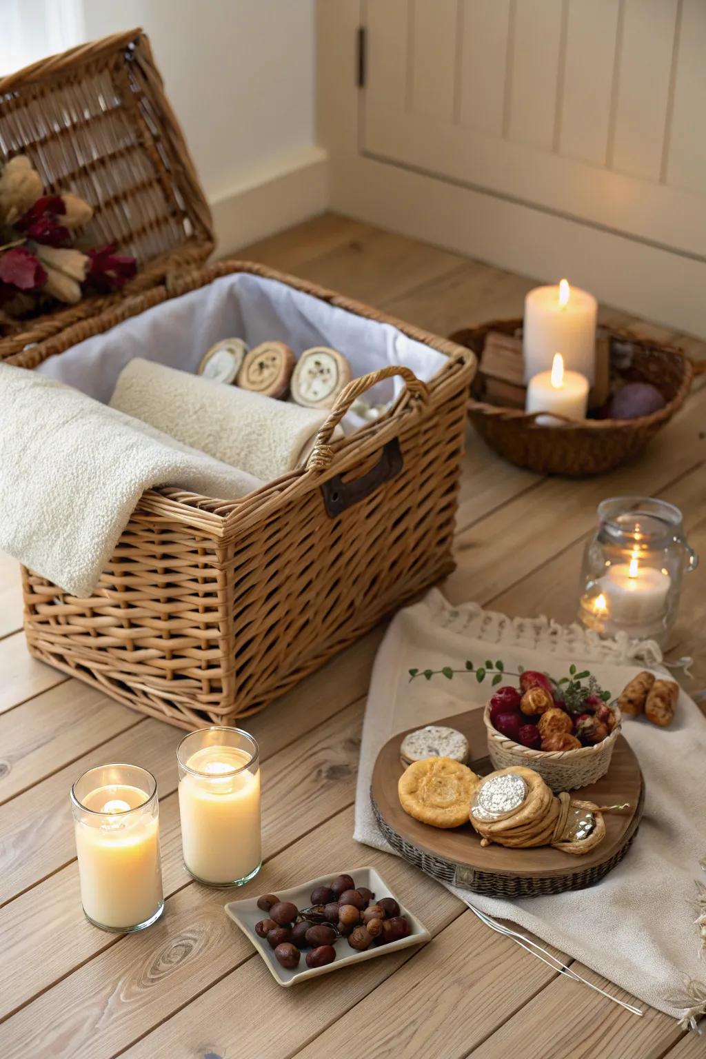 A cozy gift basket filled with warmth and comfort for a new home.