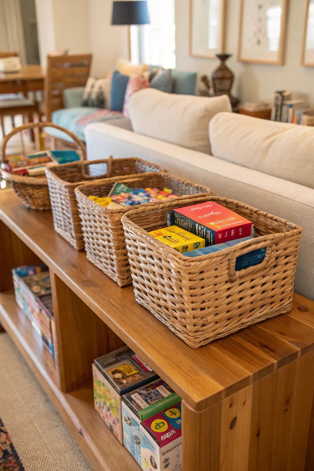 Wicker baskets on a shelf, holding puzzles in style.