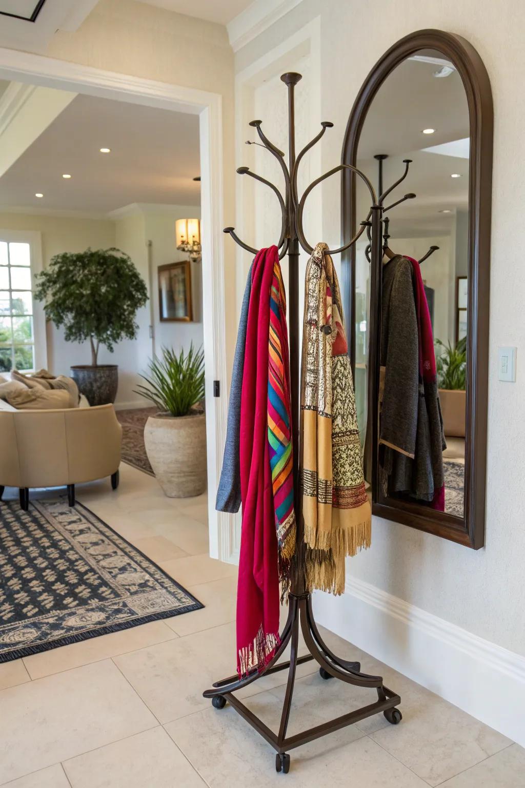 A standing coat rack doubles as scarf storage and decor.