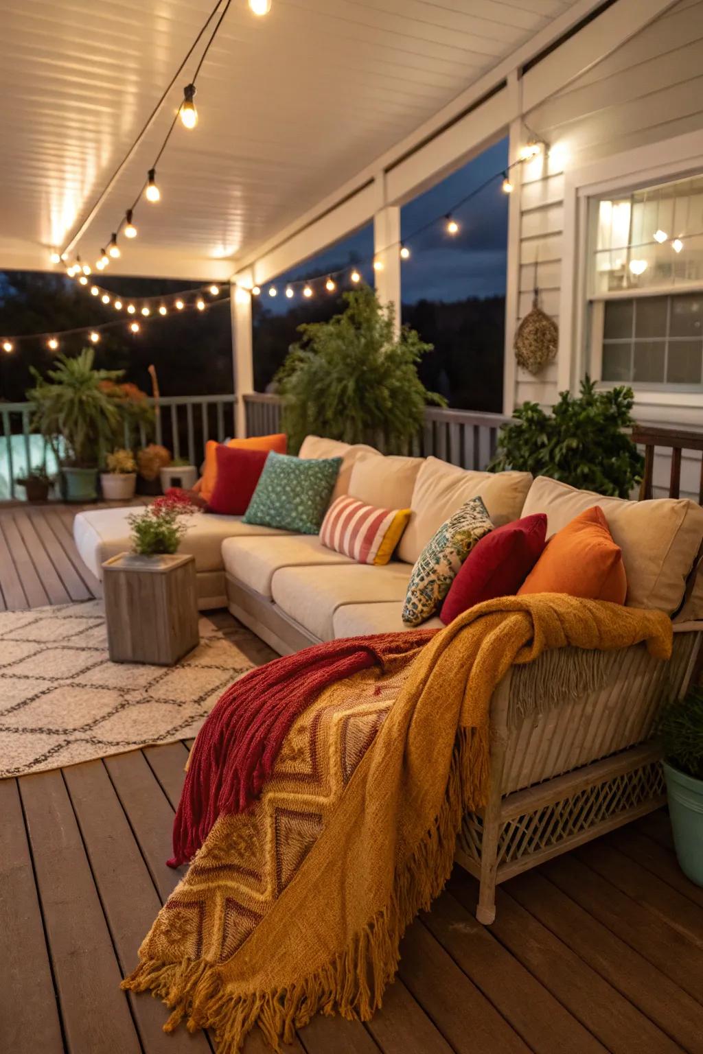 A comfortable seating area on an indoor deck, ideal for unwinding.