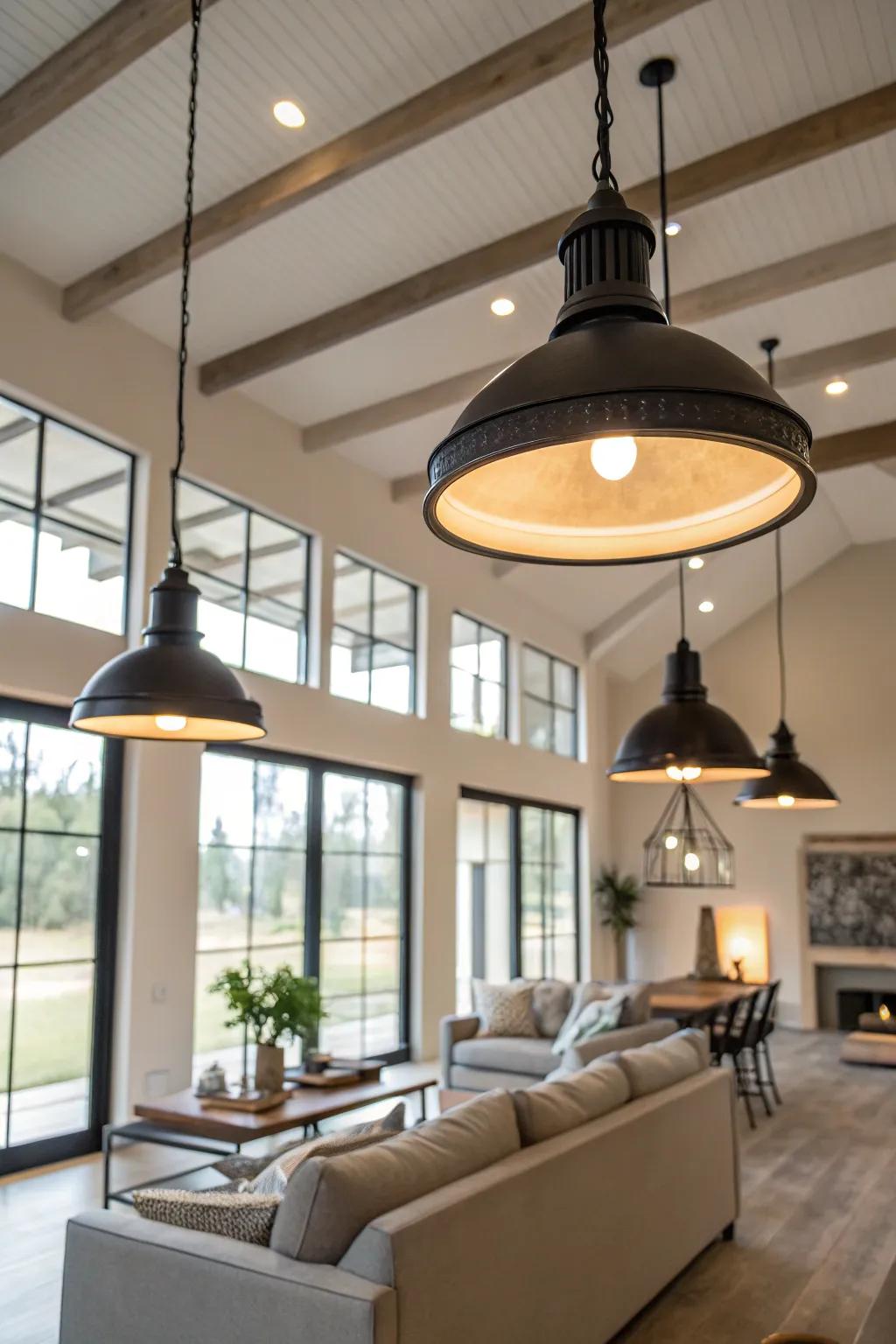 Expansive warehouse-style LED lighting in a cozy living room