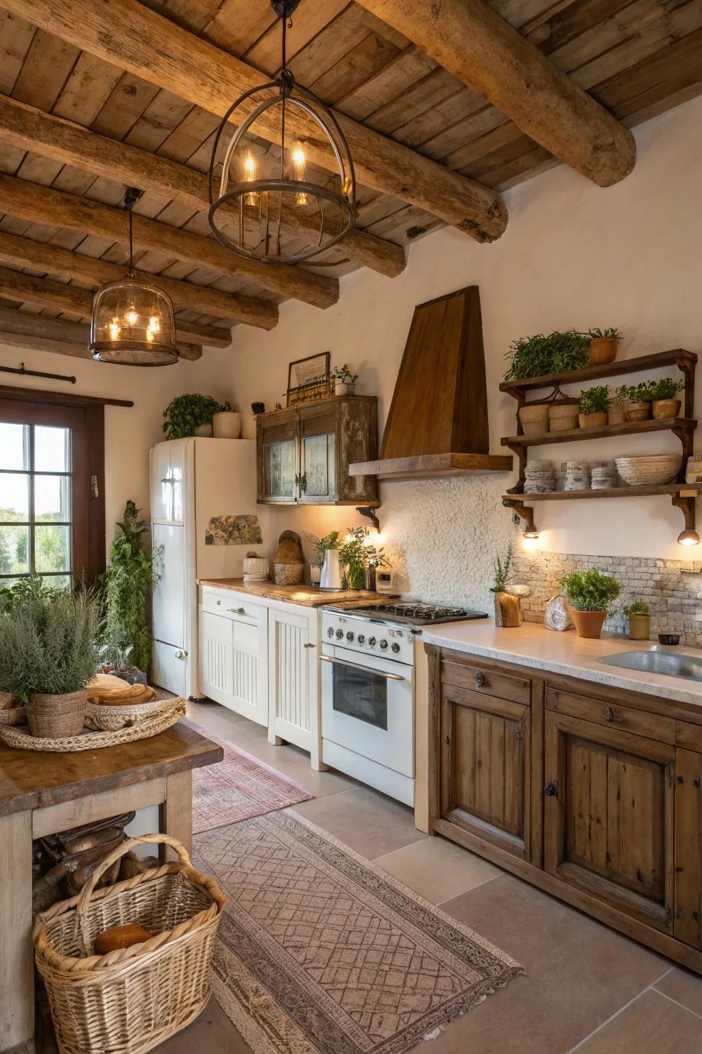 Embrace rustic charm with exposed wooden beams in your kitchen.