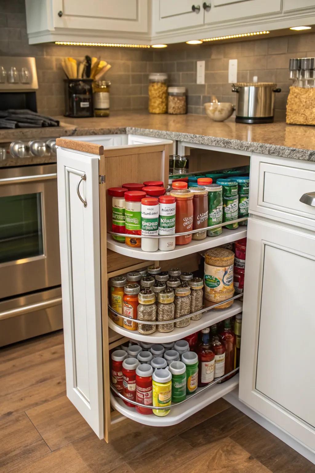 A Lazy Susan makes use of every inch in a corner cabinet.