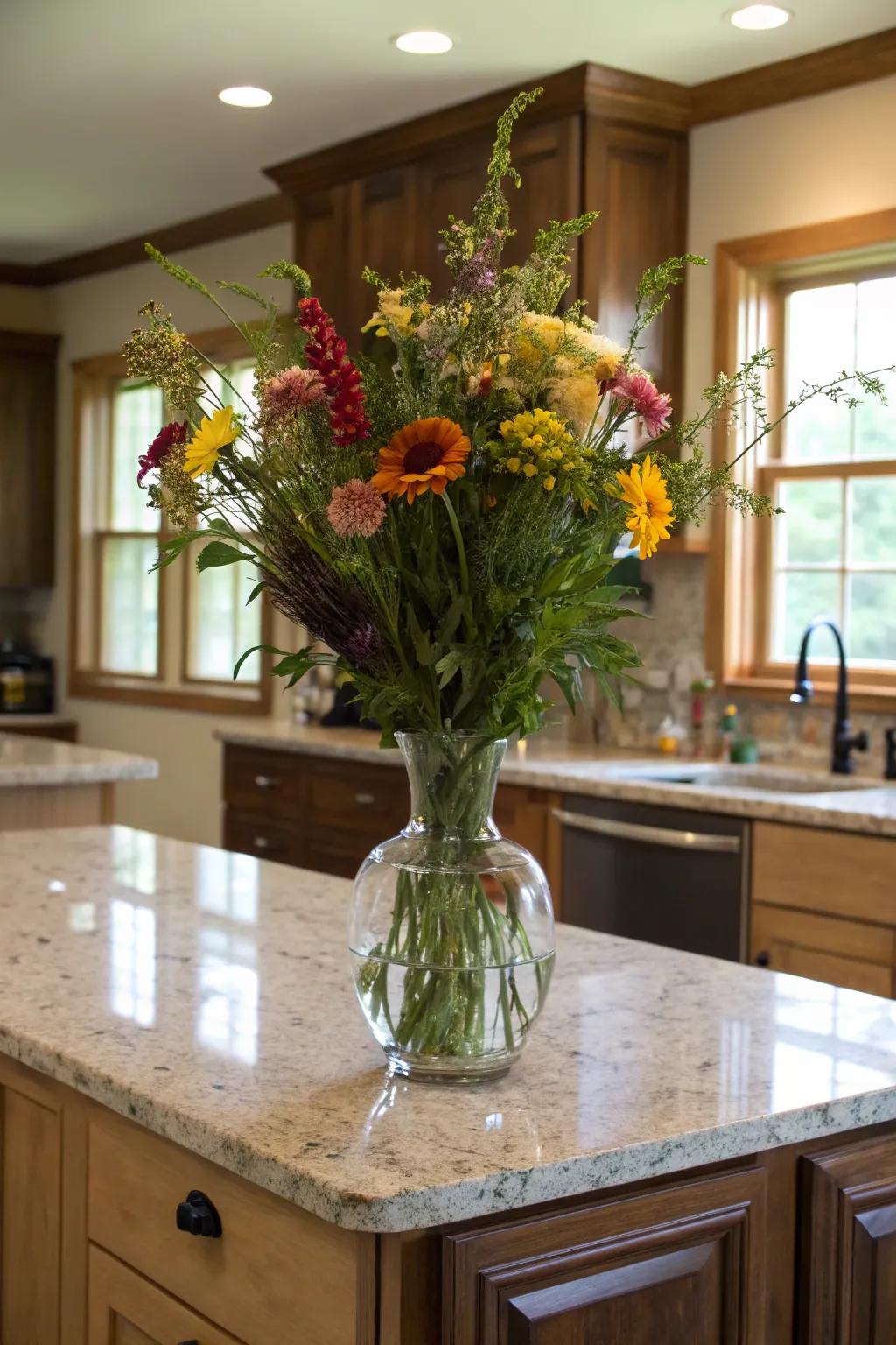 A centerpiece of fresh flowers brings life and color to the kitchen.