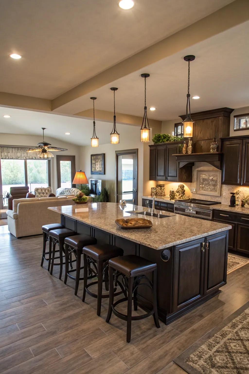An inviting kitchen island that effortlessly becomes a social hub with lots of seating.