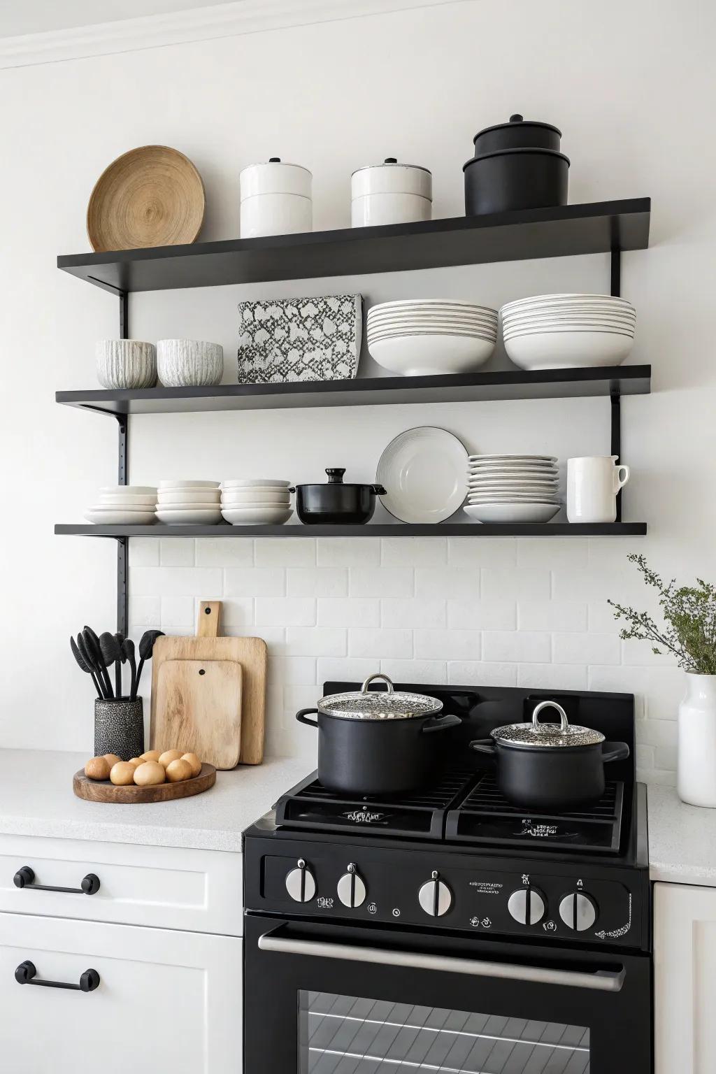 Shelves that match seamlessly create a unified and peaceful kitchen atmosphere.
