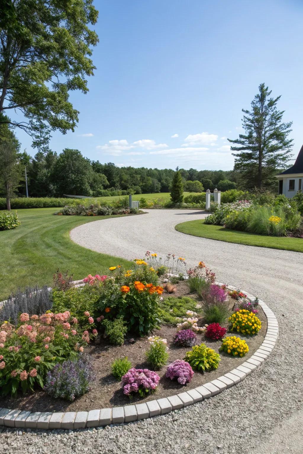 A circular driveway with a garden as its centerpiece.
