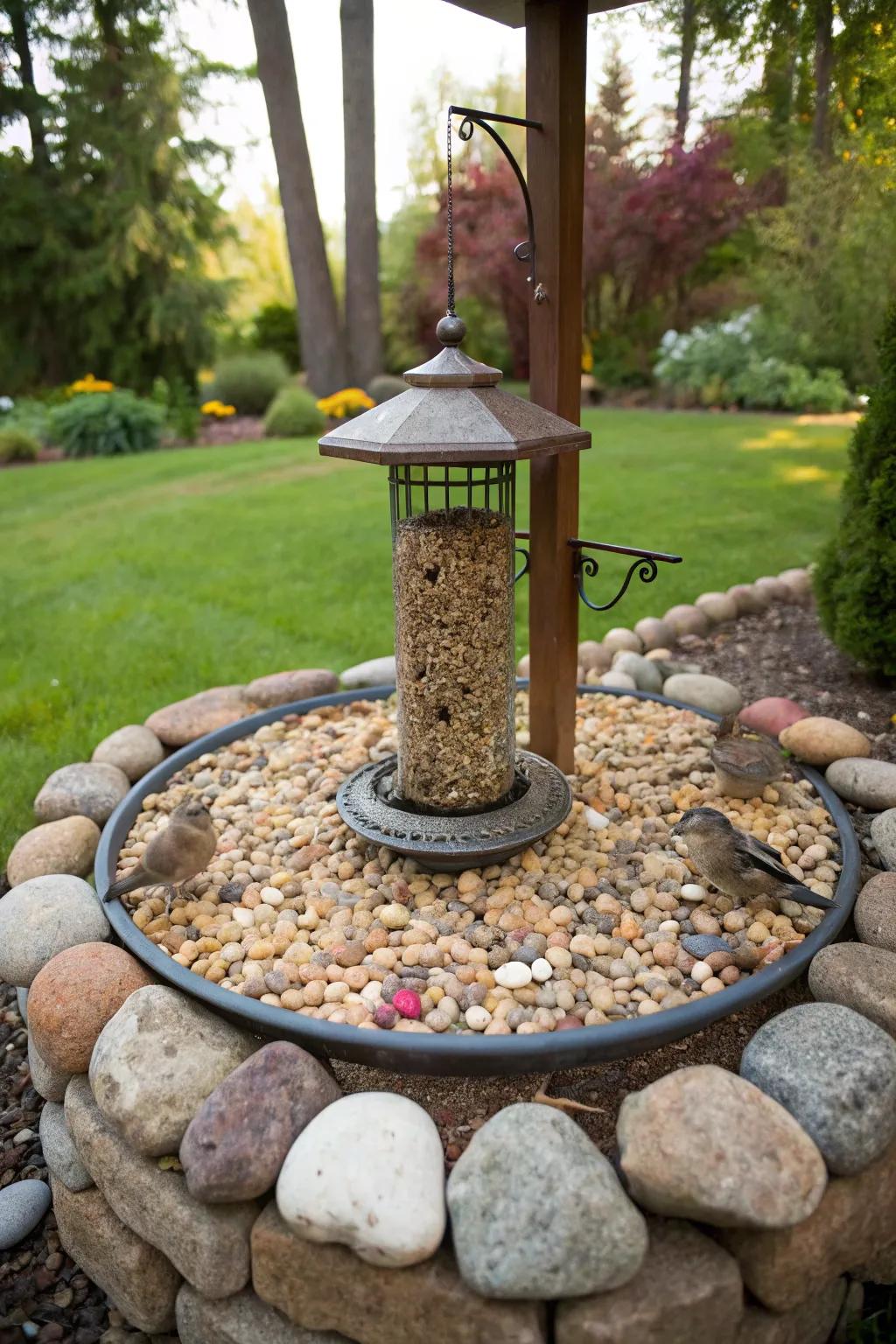A stone border introduces structure and sophistication to your bird feeder arrangement.