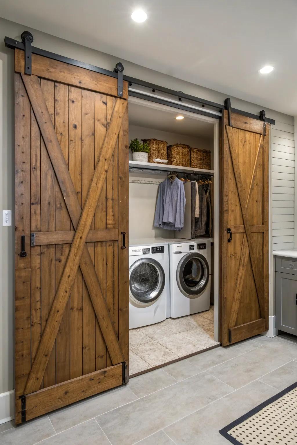 Sliding barn doors offer a rustic charm while saving space.