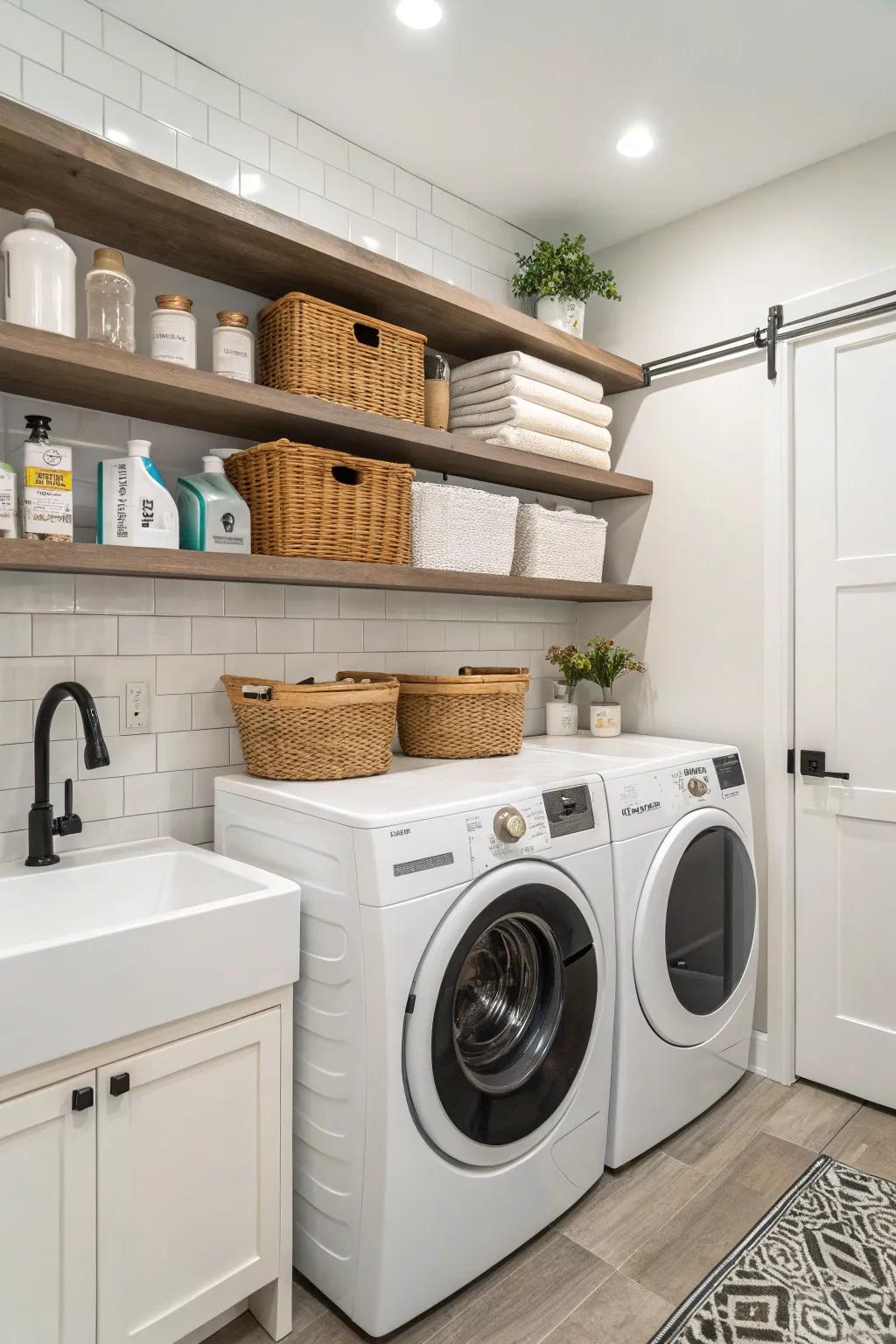 Floating shelves maximize storage potential above the washer and dryer.