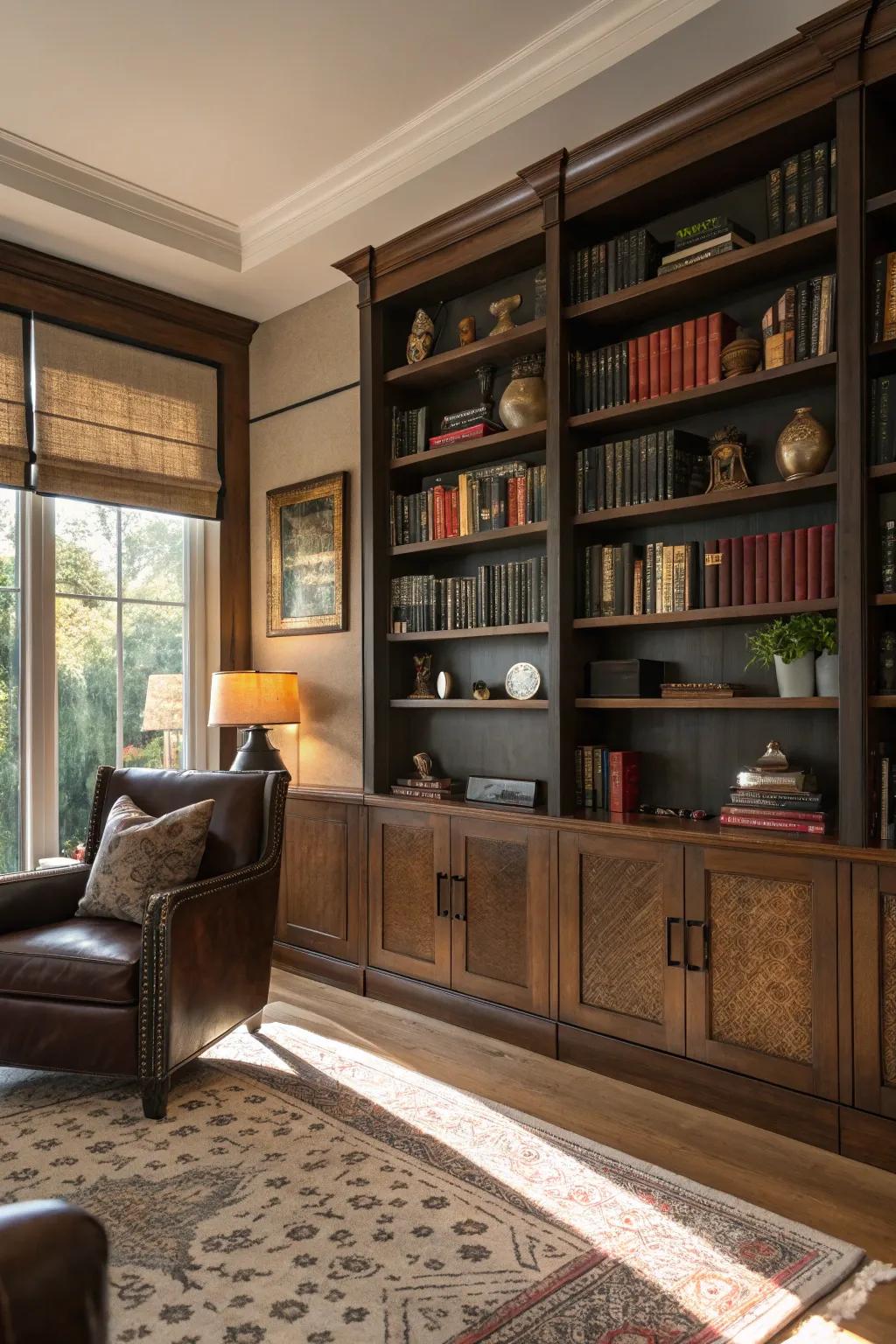 Give your shelves a touch of luxury with leather accents.
