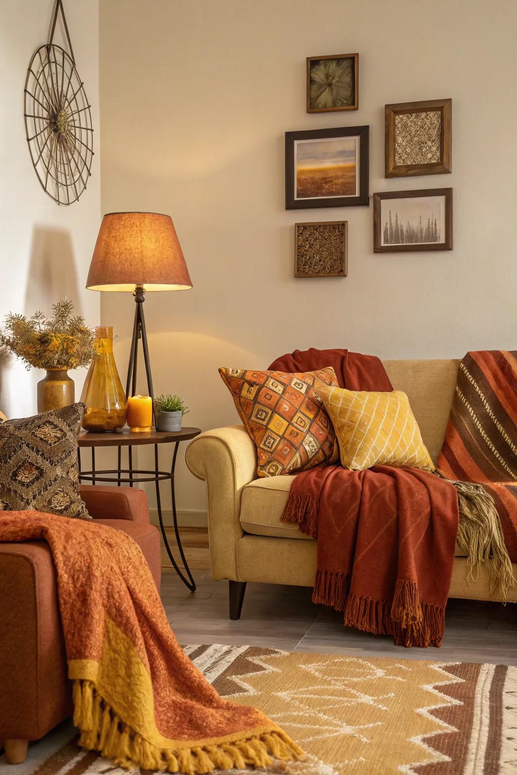 The transformation of this living room into an autumnal escape is achieved through the use of inviting orange, brown, and yellow shades.