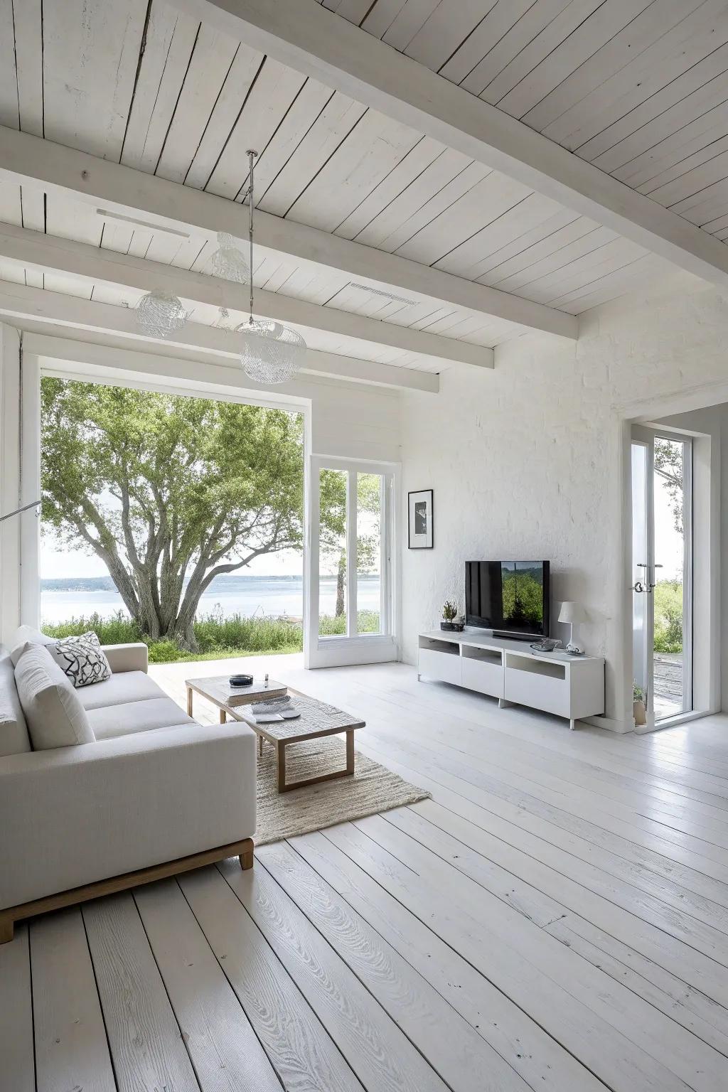 A minimalist living area emphasizing the understated elegance of white wood floors.