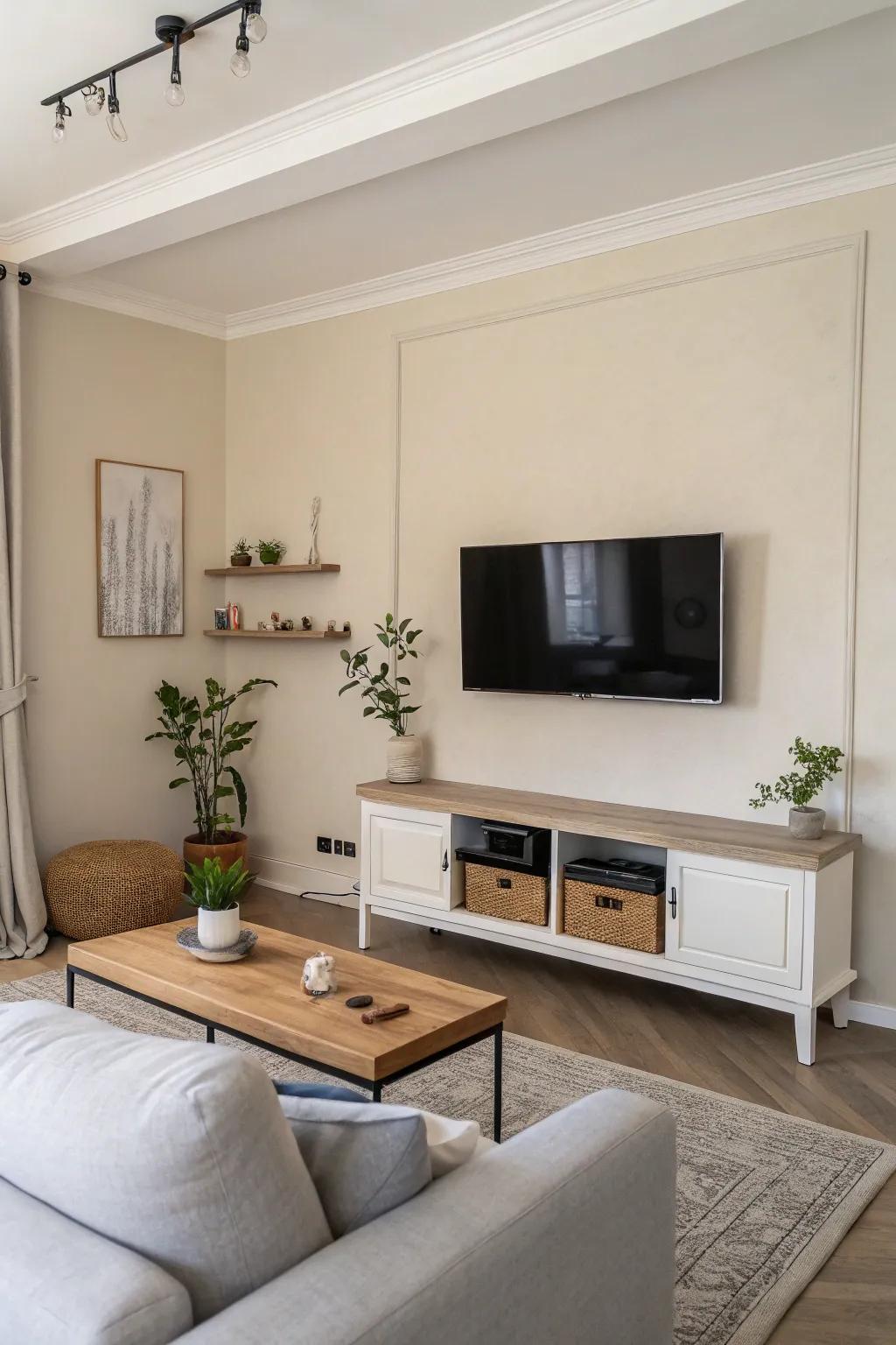 A minimalist living room where the TV is mounted on the wall, giving it a clean and up-to-date feel.