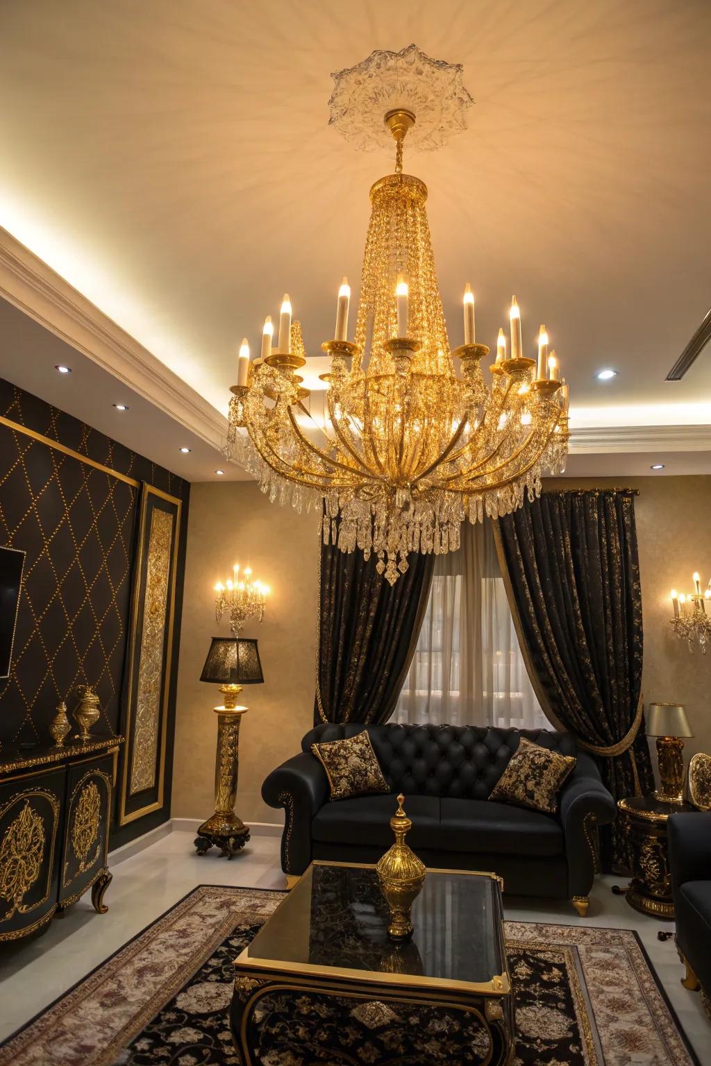 A golden chandelier acts as the focal point in this deluxe living space.